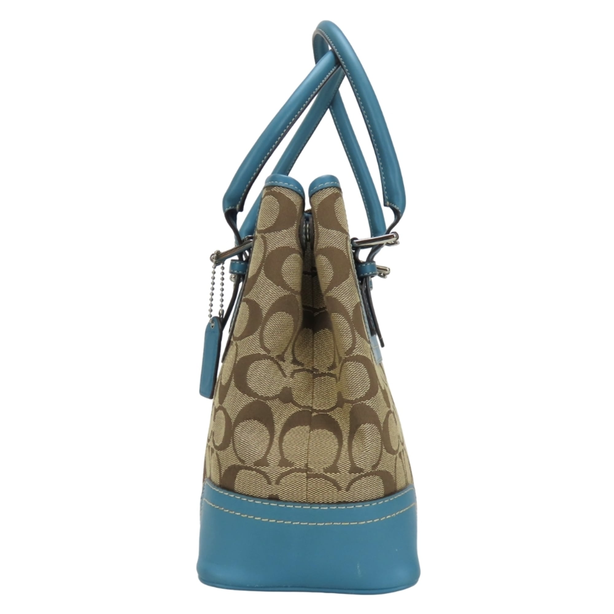 Coach Beige Blue Signature Line Canvas Leather Handbag (Pre-Owned)