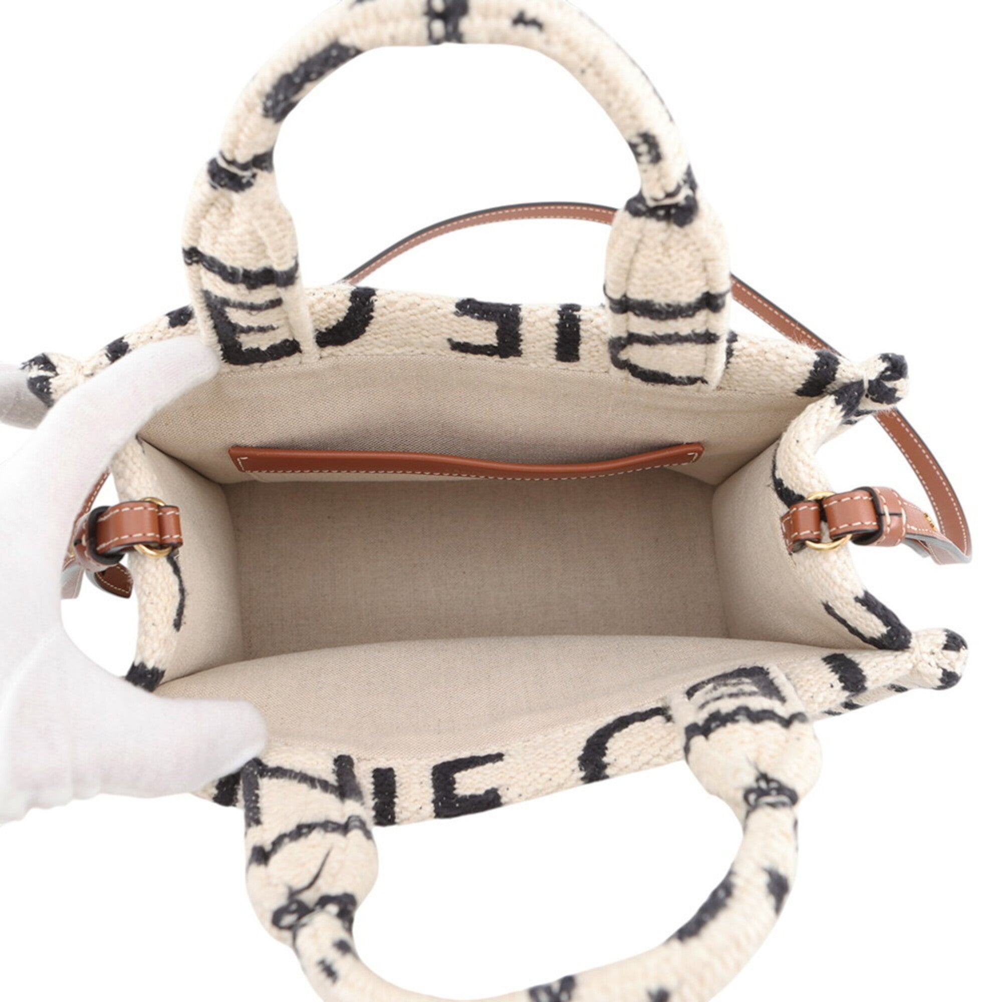 Celine Cabas Black White Cotton Leather Handbag Shoulder Bag (Pre-Owned)