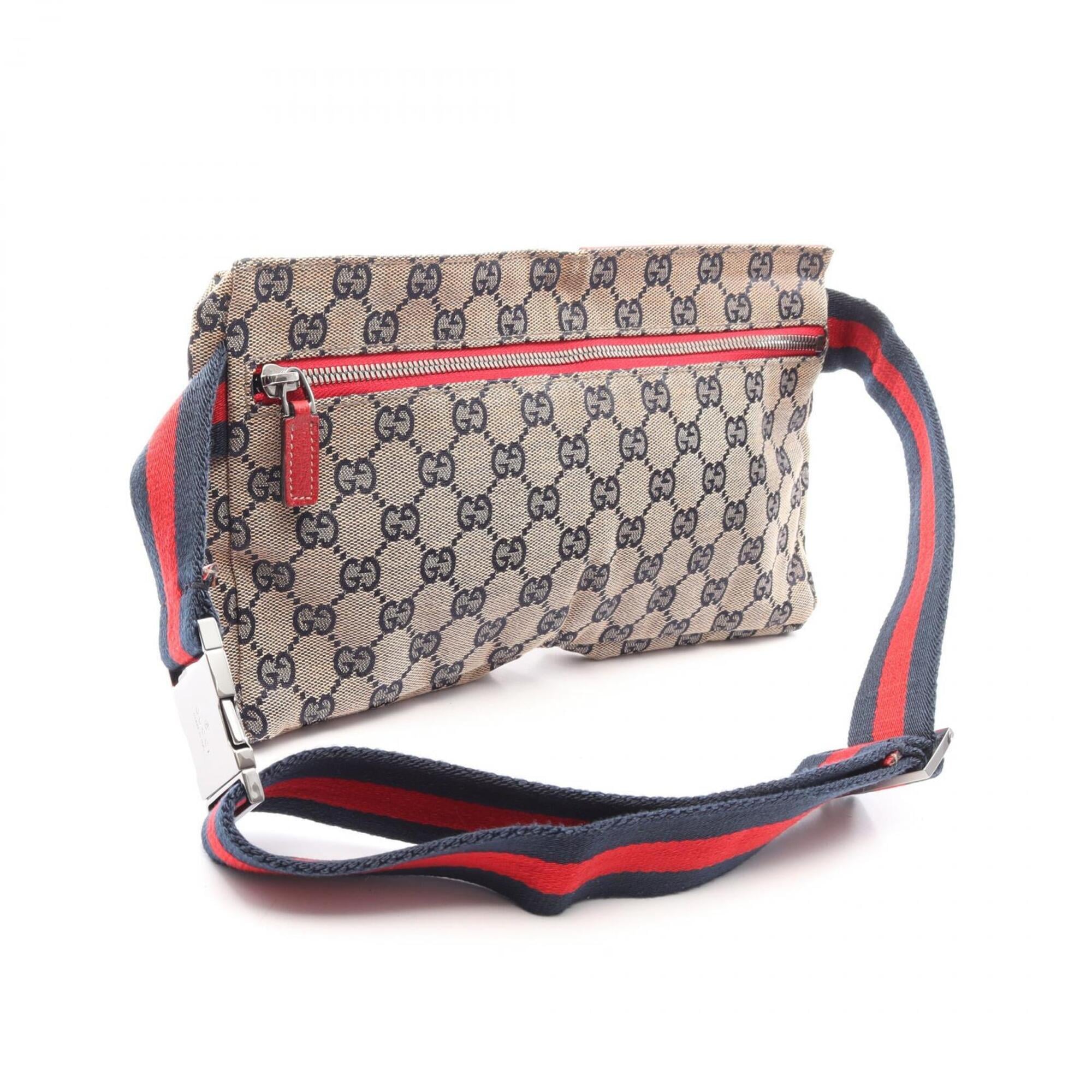 Gucci Beige Navy Red Color Canvas Leather Fanny Pack Handbag (Pre-Owned)