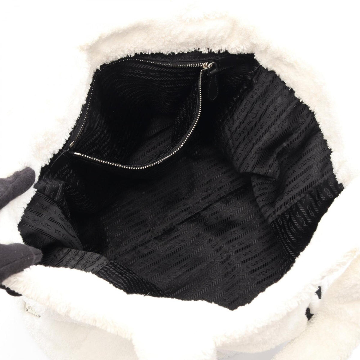 Prada Black White Pile Fabric Handbag Tote Bag (Pre-Owned)