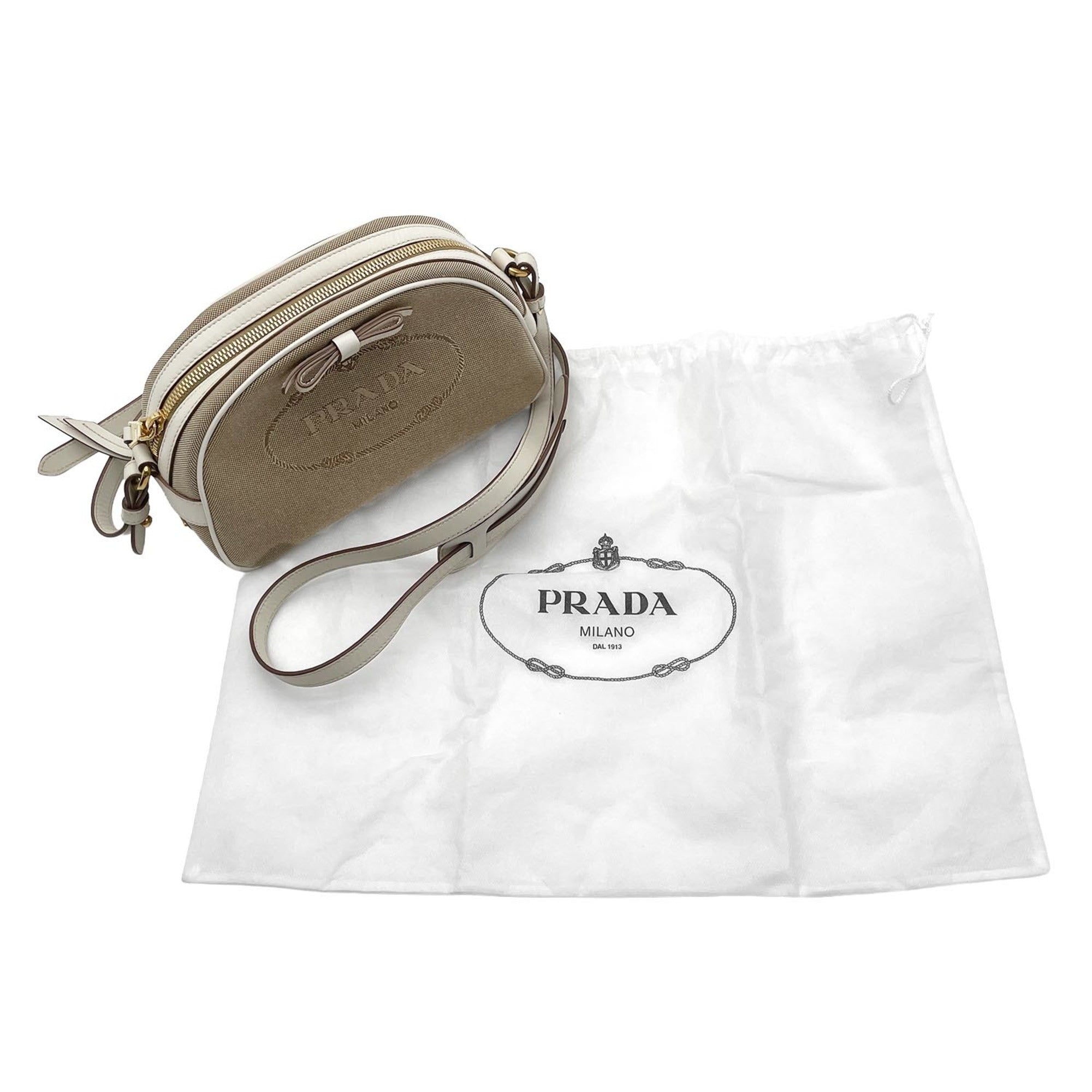 Prada Brown White Canvas Leather Shoulder Bag (Pre-Owned)