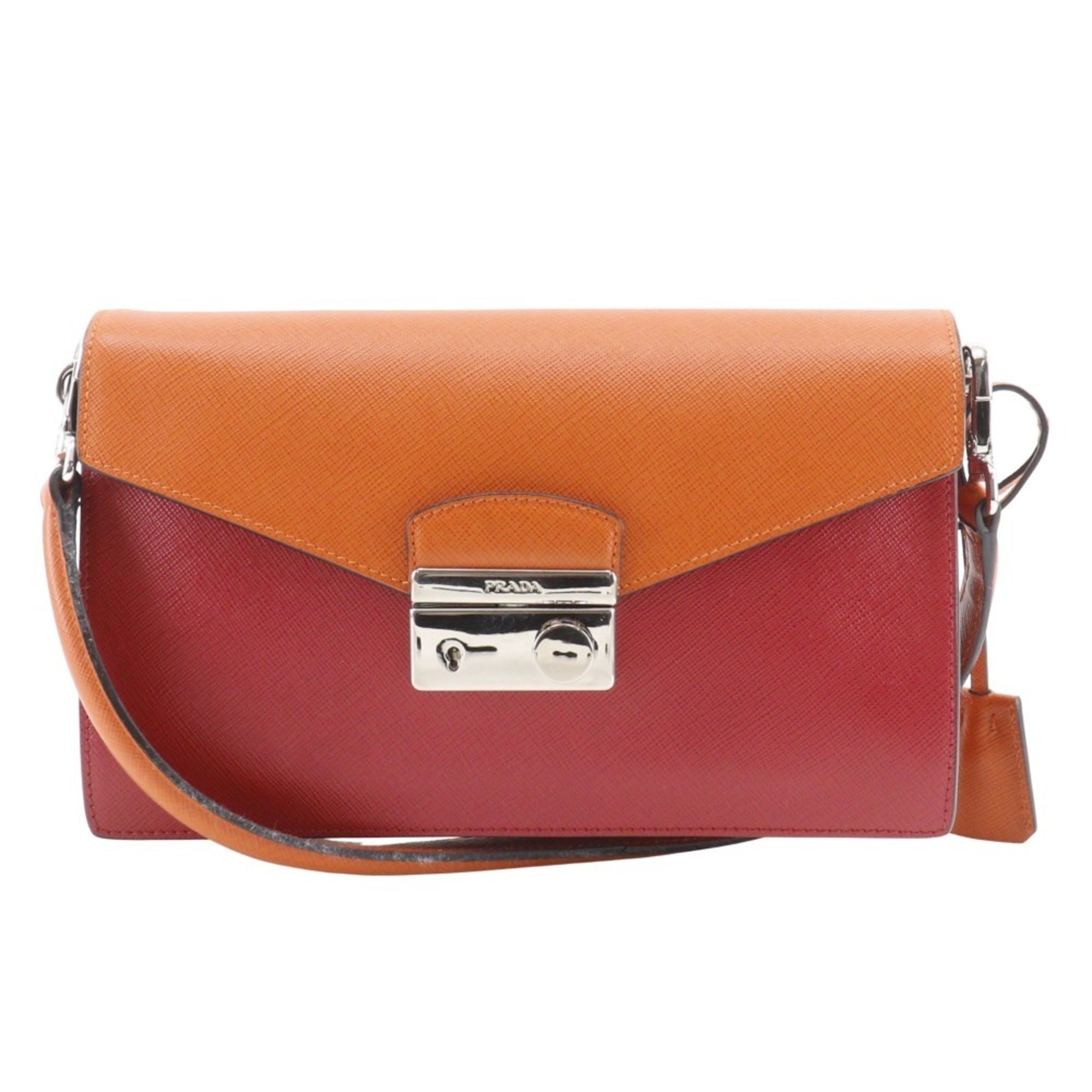 Prada Saffiano Orange Red Color Saffiano Clutch Bag Shoulder Bag (Pre-Owned)