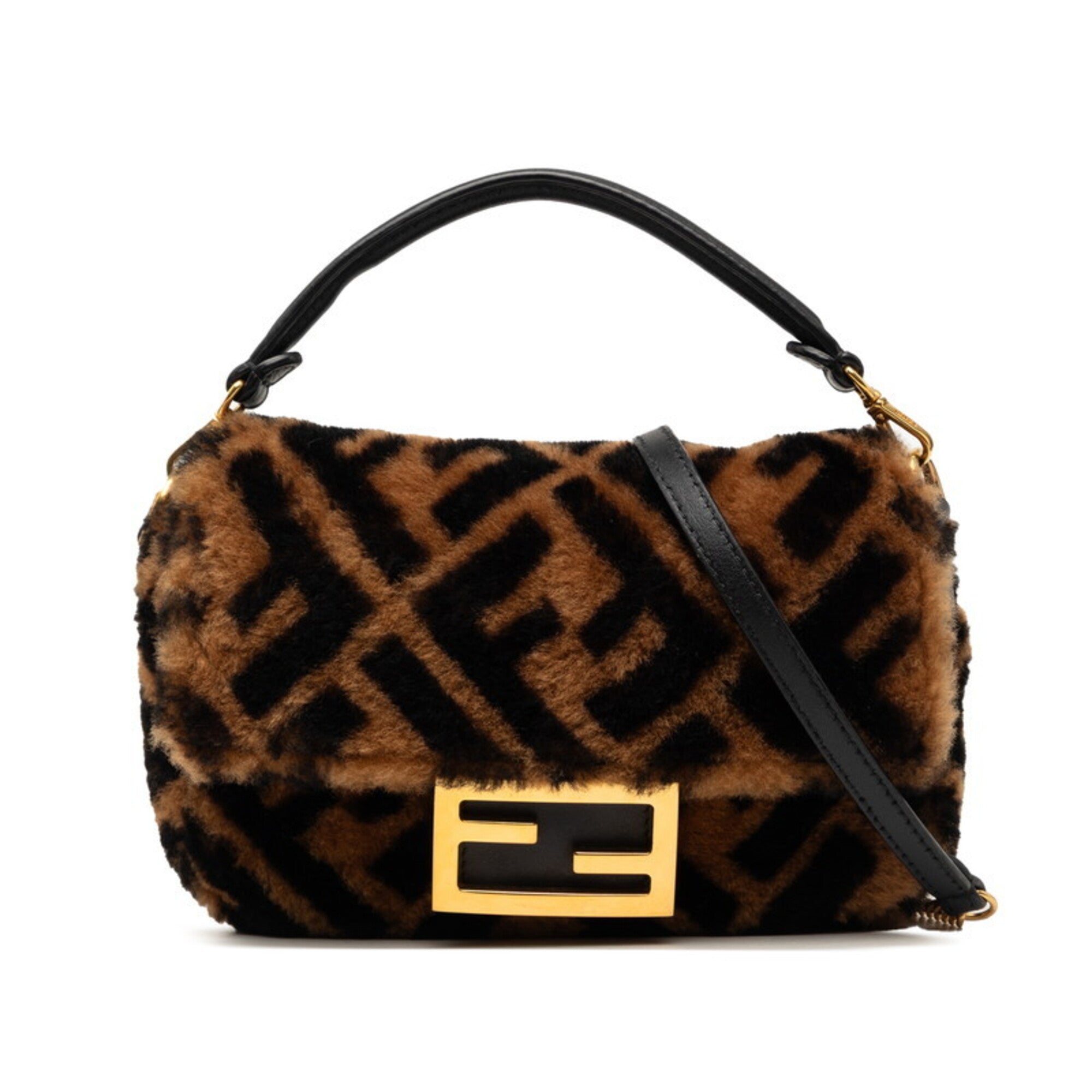 Fendi Zucca Brown Leather Handbag Shoulder Bag (Pre-Owned)