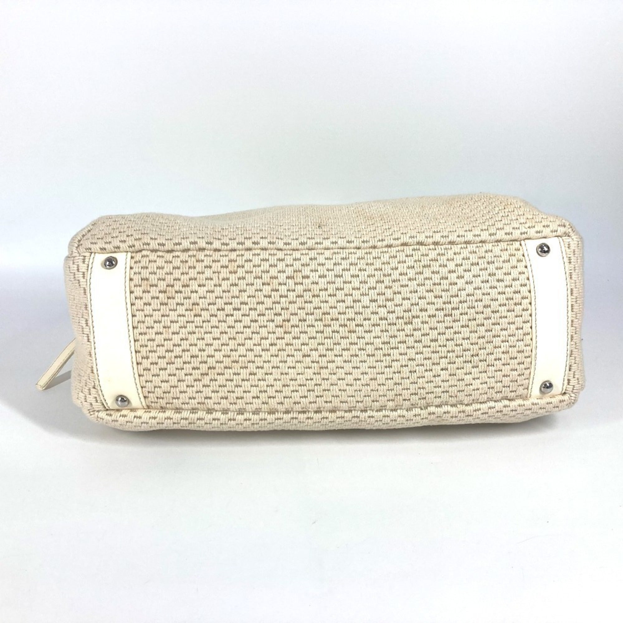 Chanel Beige White Leather Canvas Handbag Shoulder Bag Tote Bag (Pre-Owned)