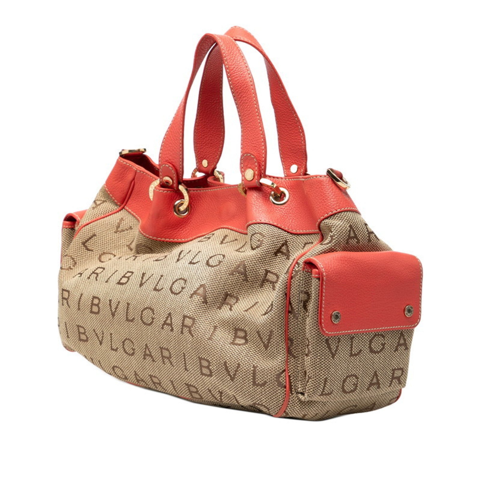 Bvlgari Beige Pink Canvas Leather Handbag Shoulder Bag (Pre-Owned)