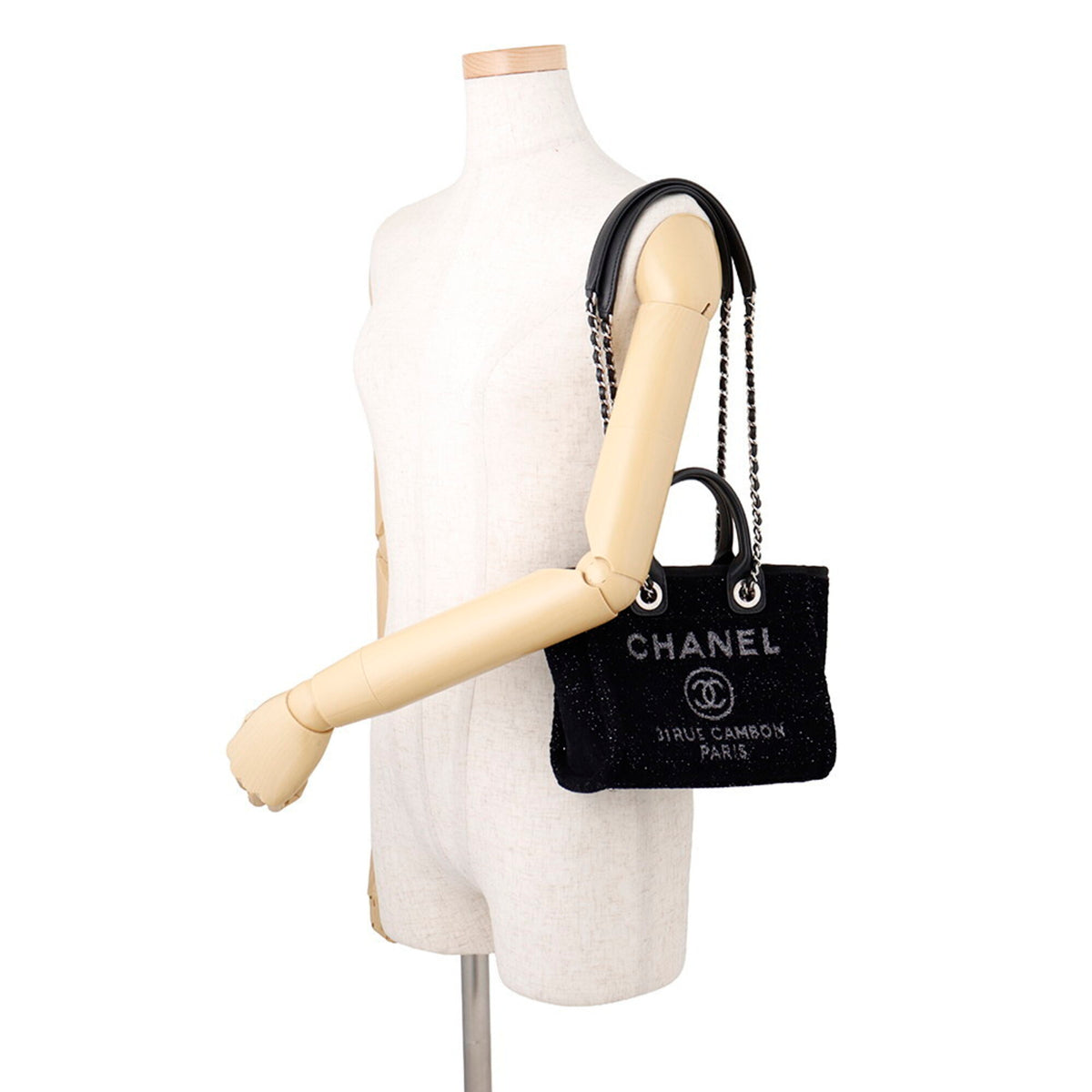 Chanel Black Canvas Leather Handbag Shoulder Bag Tote Bag (Pre-Owned)