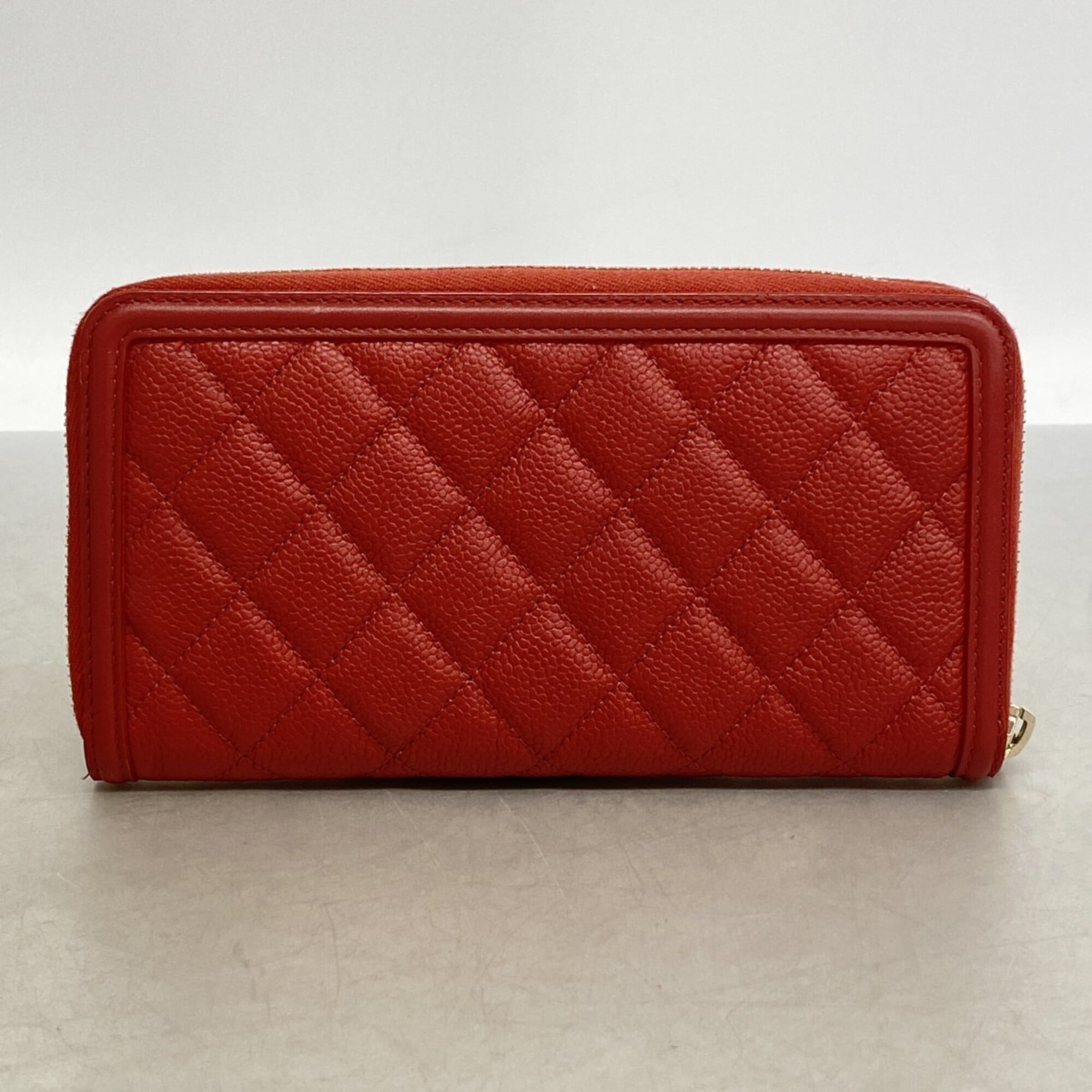 Chanel Red Color Grained Calfskin Long Wallet (Bi-Fold) (Pre-Owned)