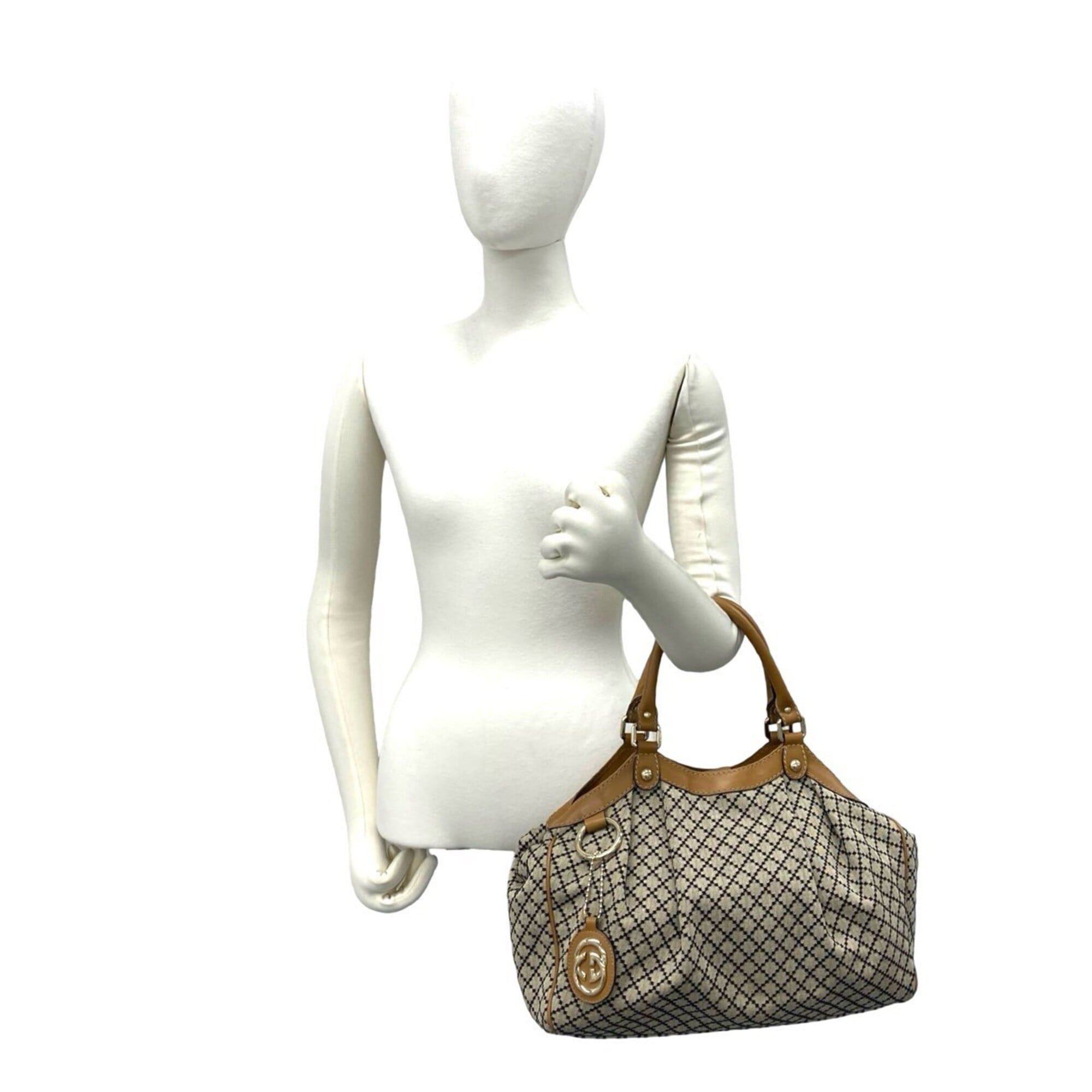 Gucci Beige Black Canvas Leather Handbag (Pre-Owned)