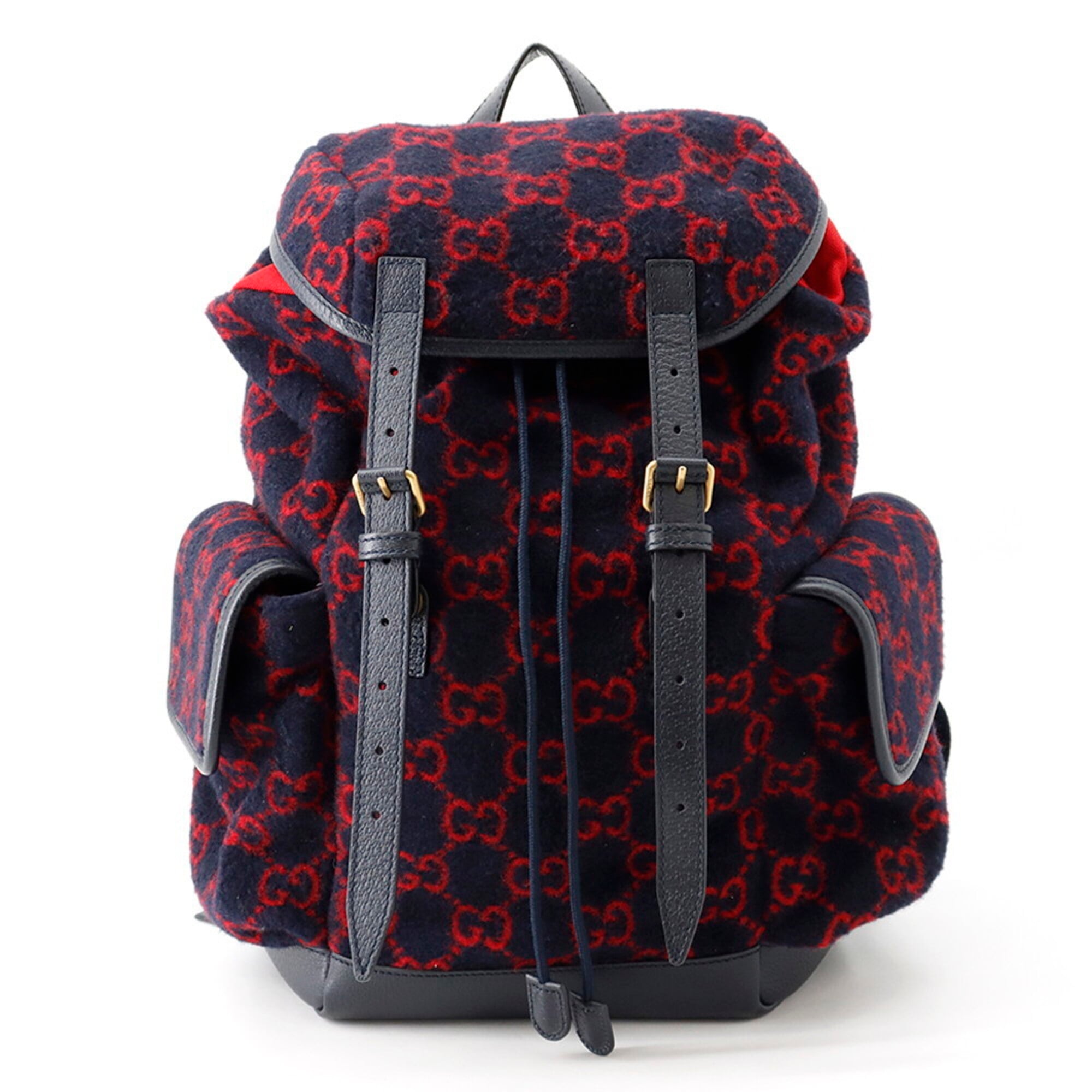 Gucci Navy Red Color Wool Leather Handbag (Pre-Owned)