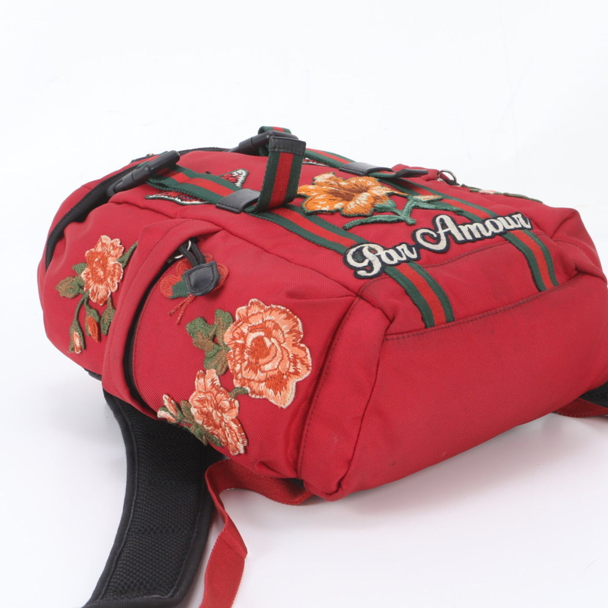 Gucci Red Color Leather Canvas Backpack Shoulder Bag (Pre-Owned)