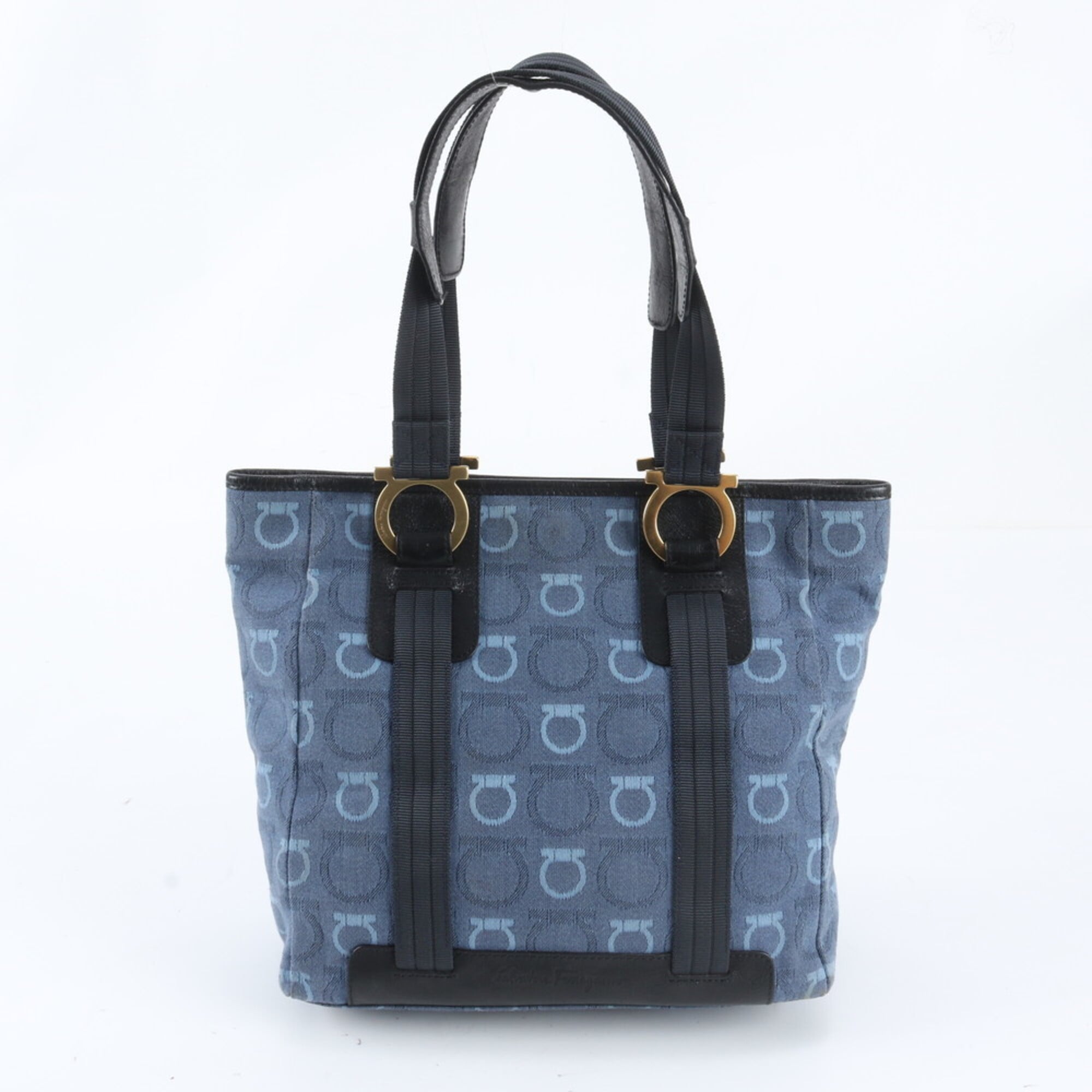 Salvatore Ferragamo Gancini Blue Navy Canvas Leather Handbag Tote Bag (Pre-Owned)