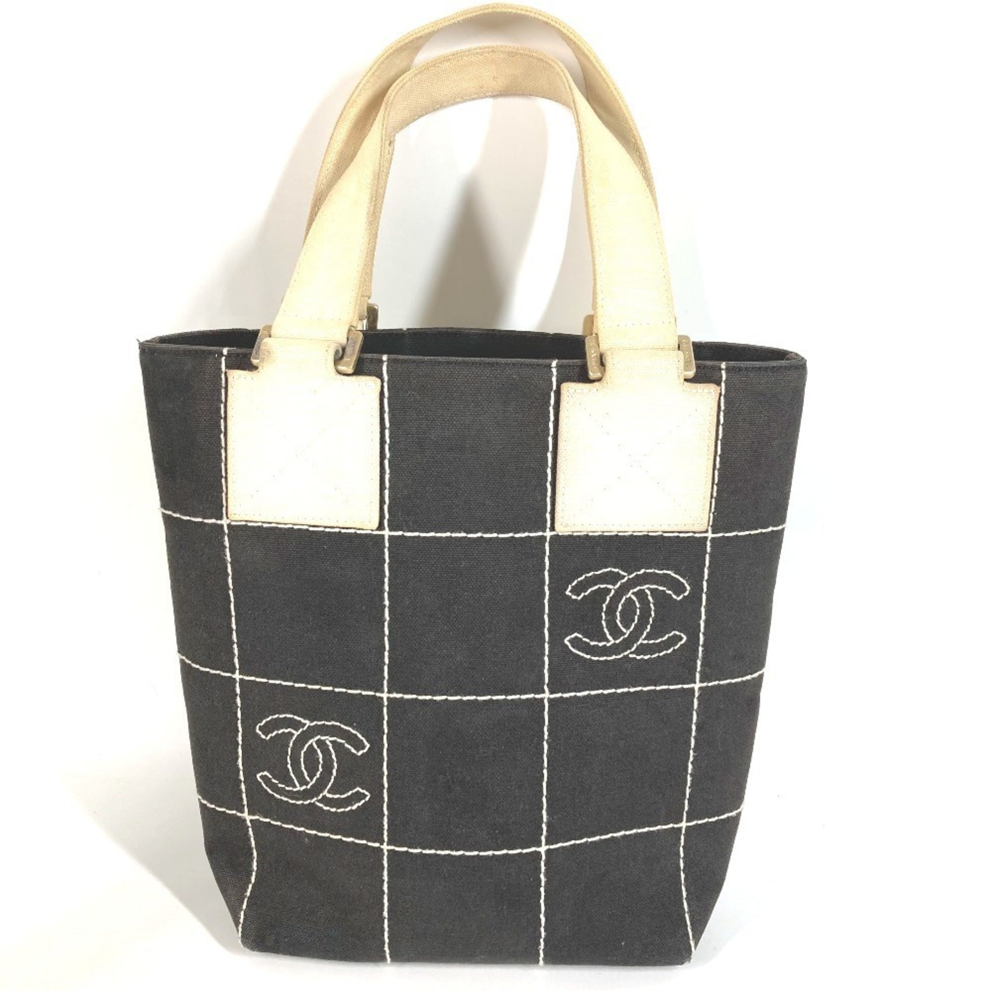 Chanel Black White Cotton Handbag Shoulder Bag Tote Bag (Pre-Owned)