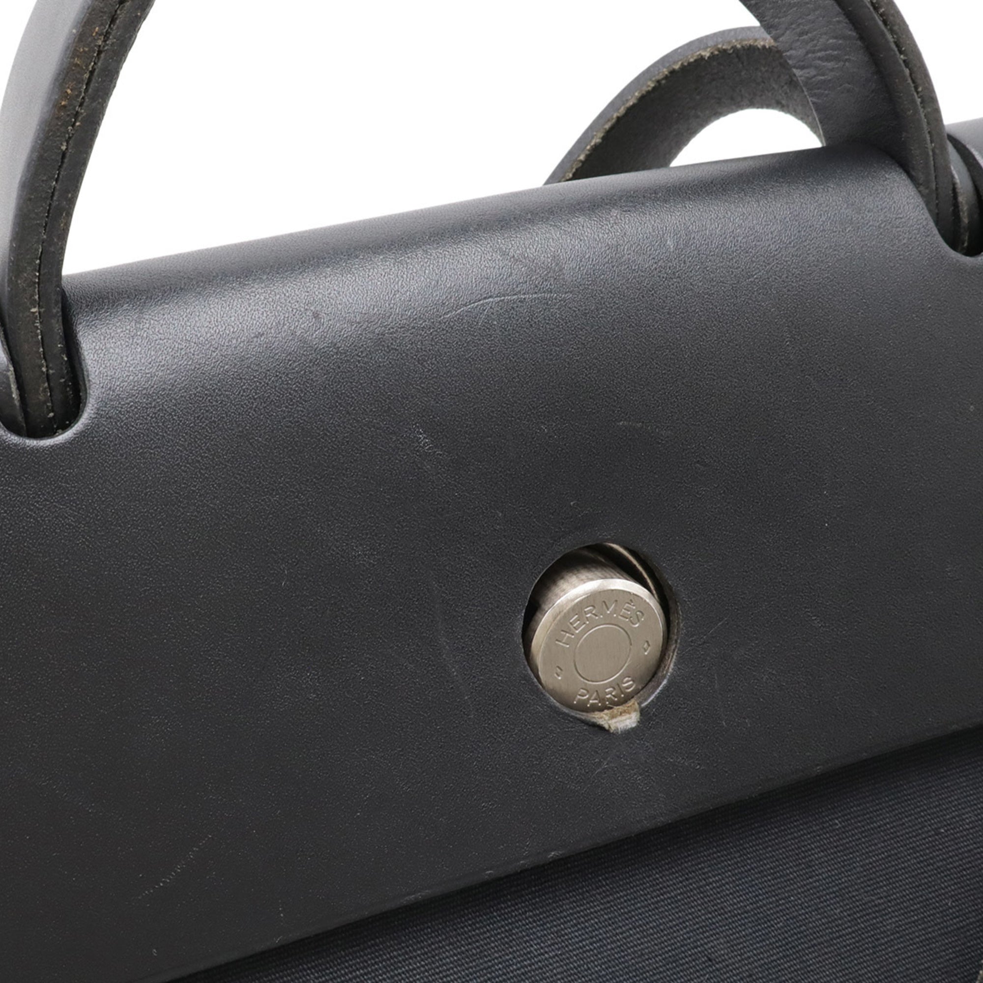 Hermes Her Bag Black Toile Officier Leather Handbag Shoulder Bag (Pre-Owned)