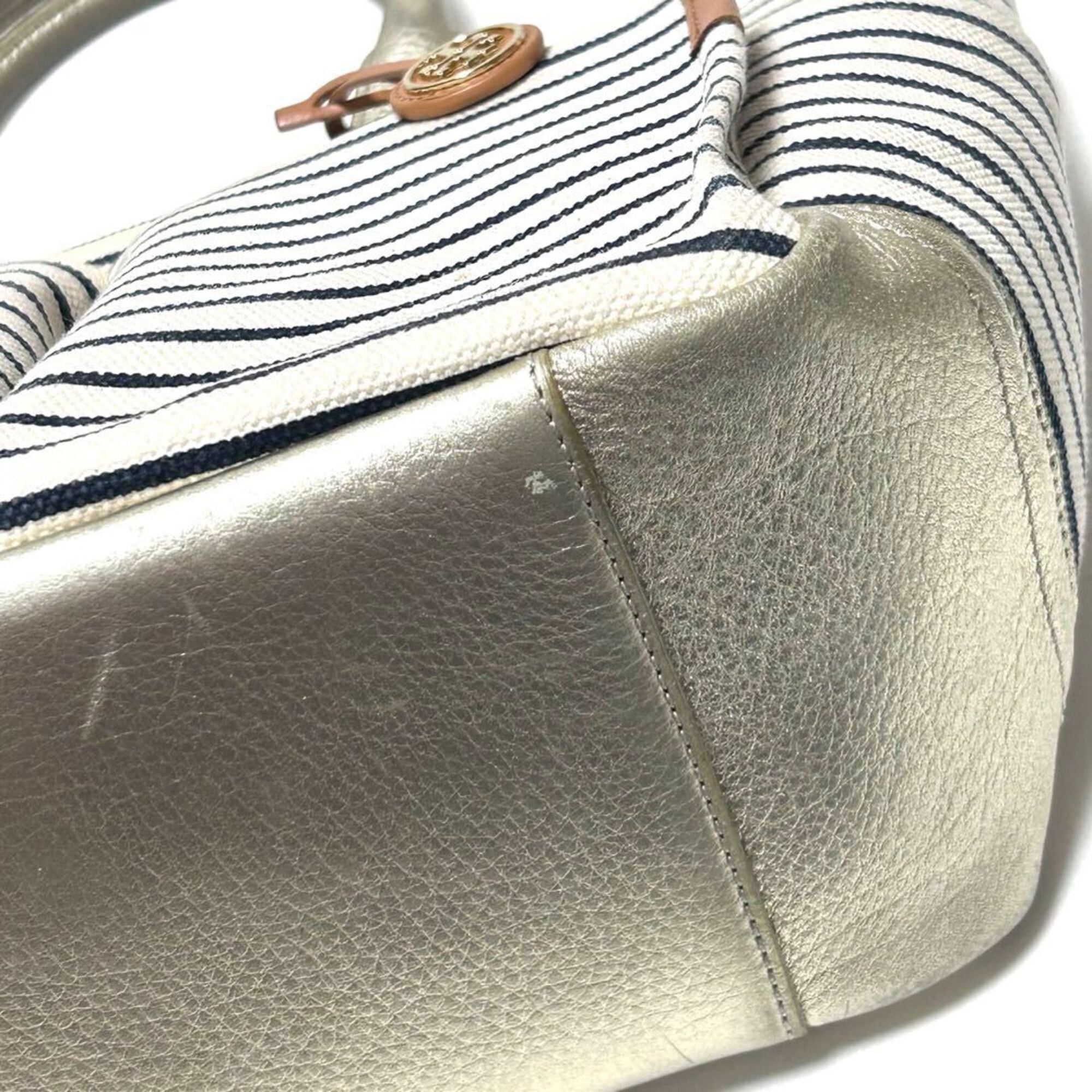 Tory Burch Navy White Canvas Leather Tote Bag (Pre-Owned)