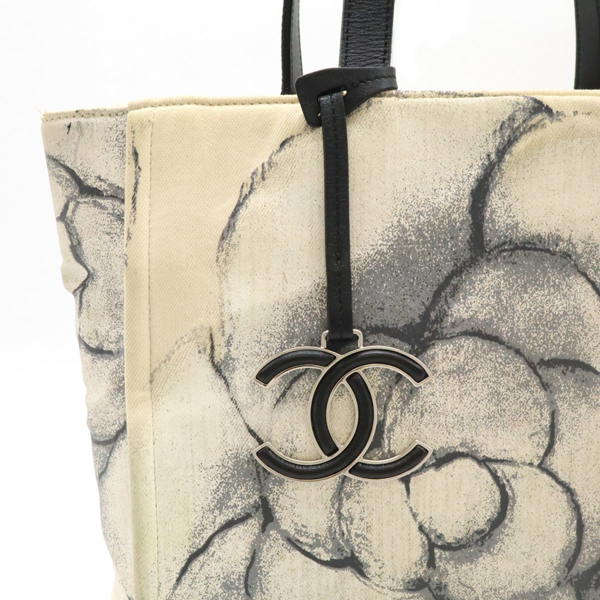 Chanel Black Off-White White Canvas Leather Shoulder Bag Tote Bag (Pre-Owned)