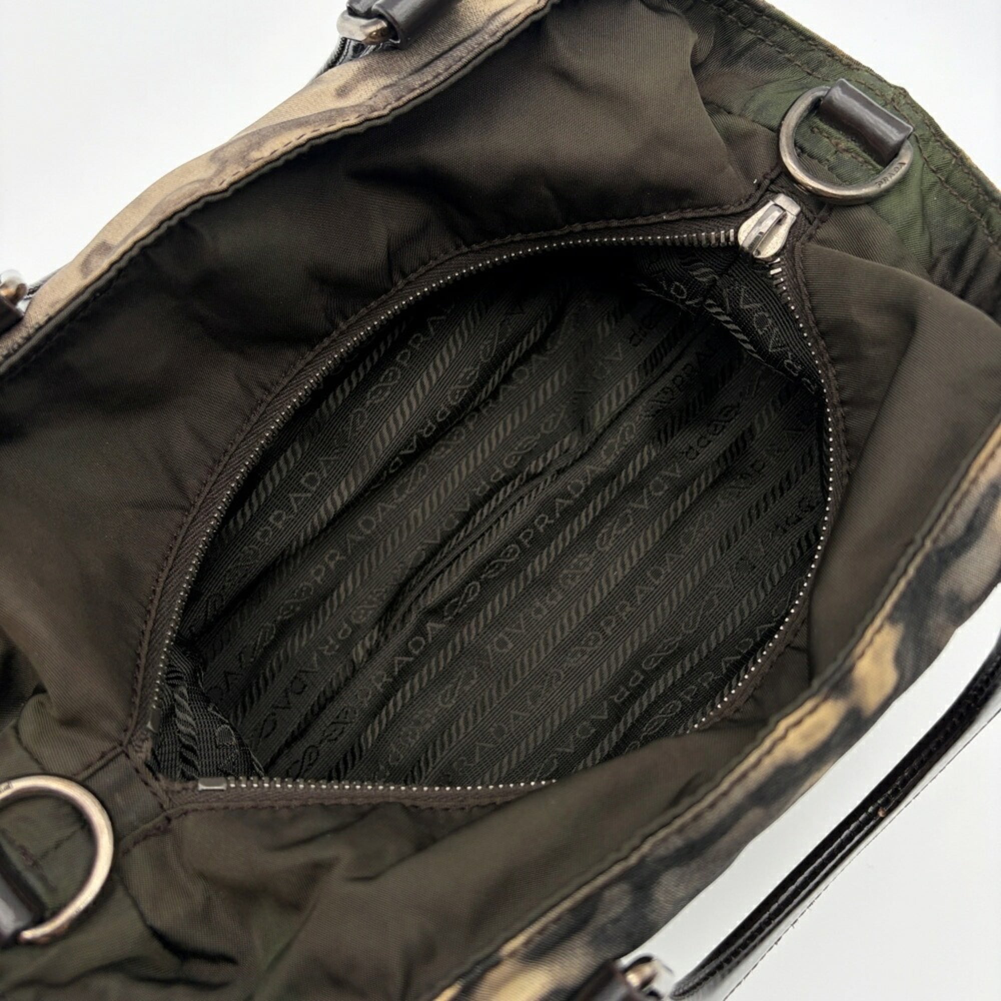 Prada Beige Black Brown Khaki Nylon Patent Leather Handbag Shoulder Bag (Pre-Owned)