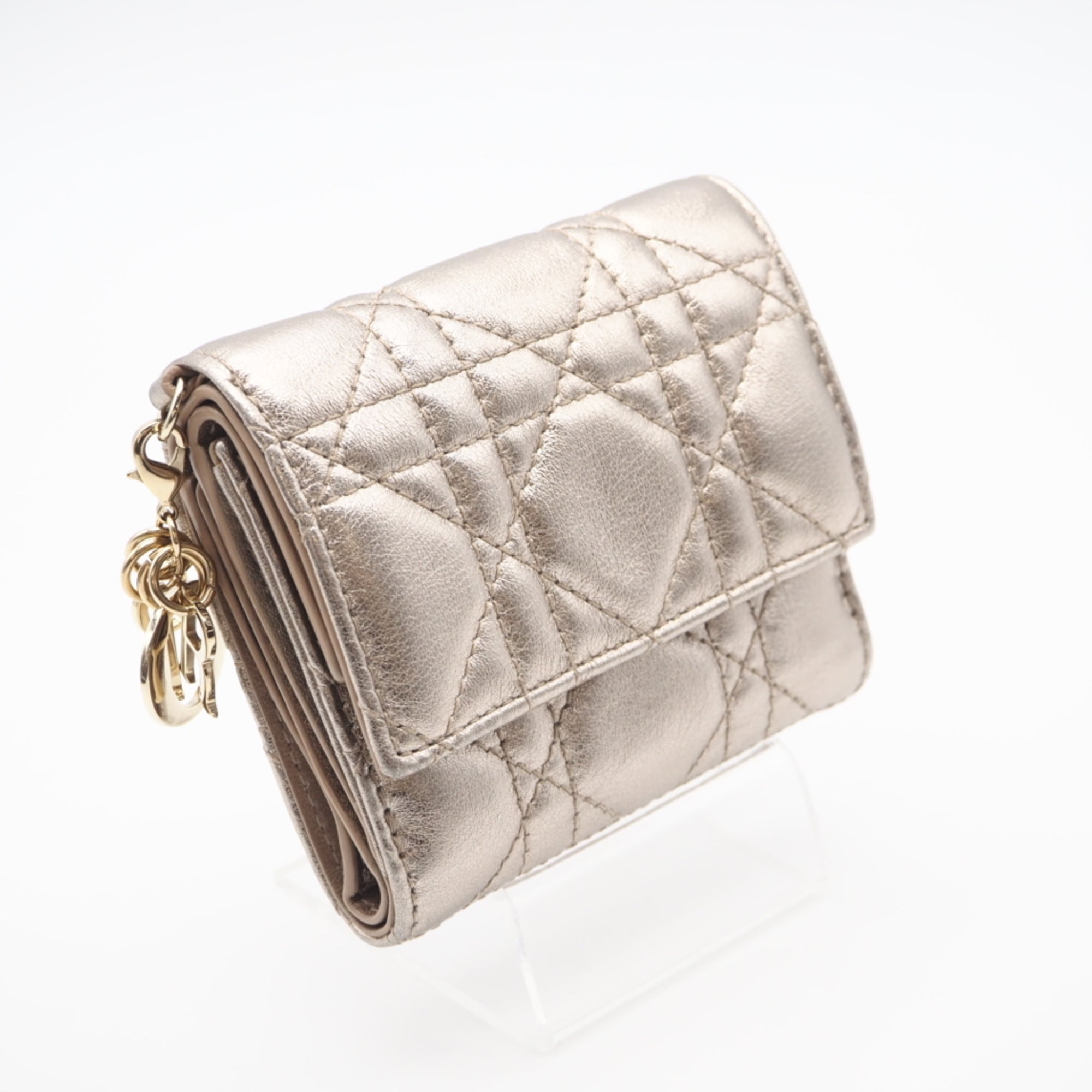 Christian Dior Lady Dior Gold Leather Wallet (Tri-Fold) (Pre-Owned)