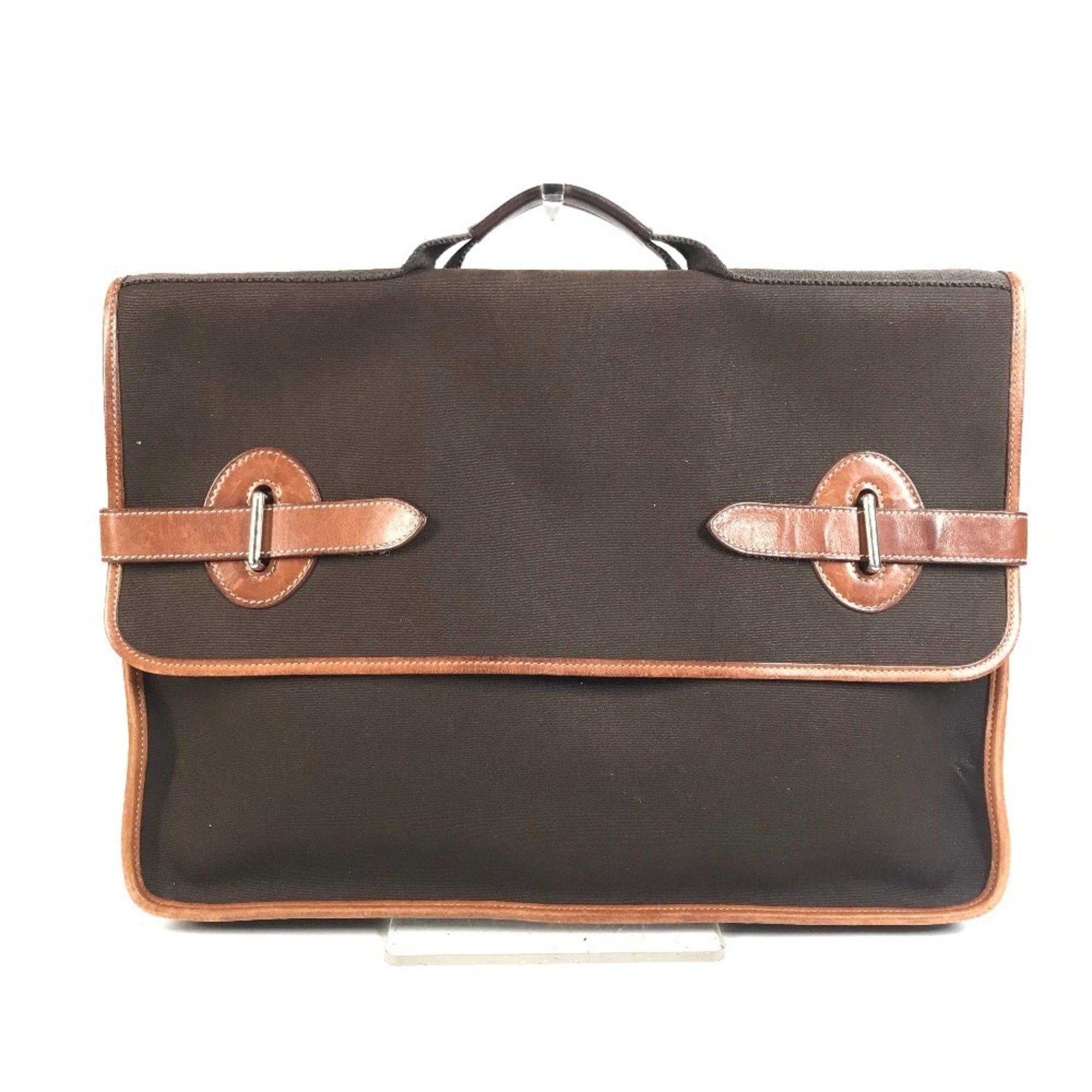 Hermes Buenaventura Brown Leather Canvas Briefcase Tote Bag (Pre-Owned)