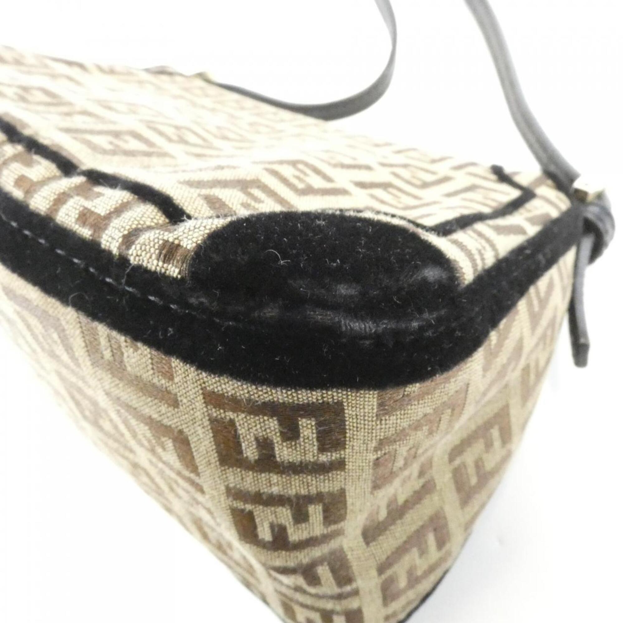 Fendi Black Brown Canvas Velvet Shoulder Bag (Pre-Owned)