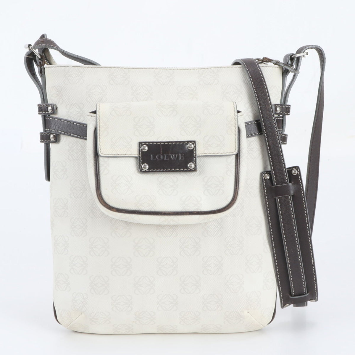 Loewe Brown White Leather Coated Canvas Crossbody Bag Handbag Shoulder Bag Tote Bag (Pre-Owned)