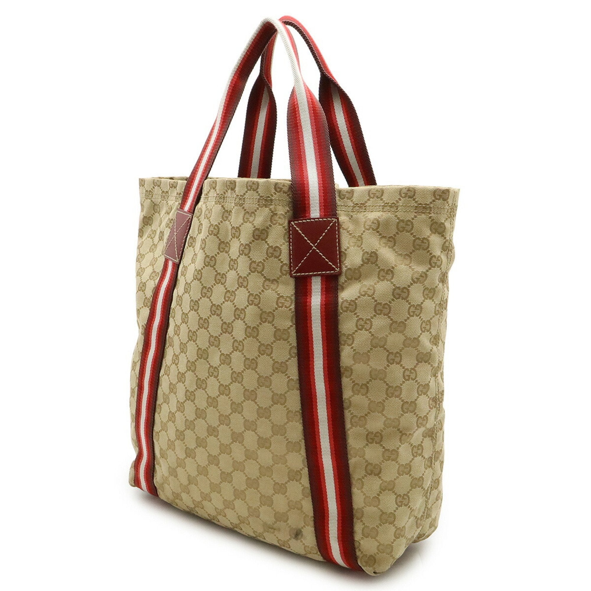 Gucci Beige Multi-Color Red Color Canvas Leather Shoulder Bag Tote Bag (Pre-Owned)