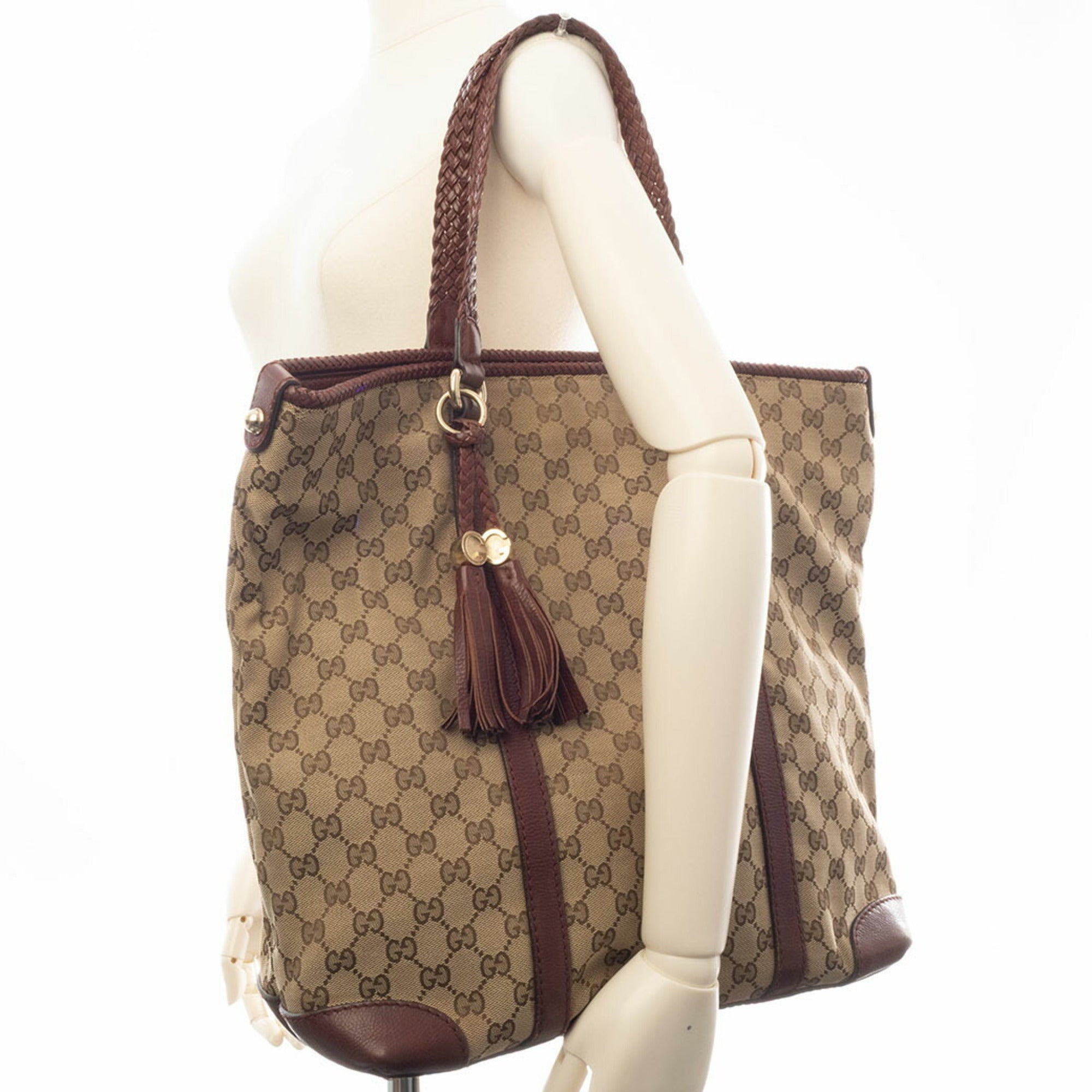 Gucci Gg Canvas Beige Brown Gg Canvas Leather Tote Bag (Pre-Owned)