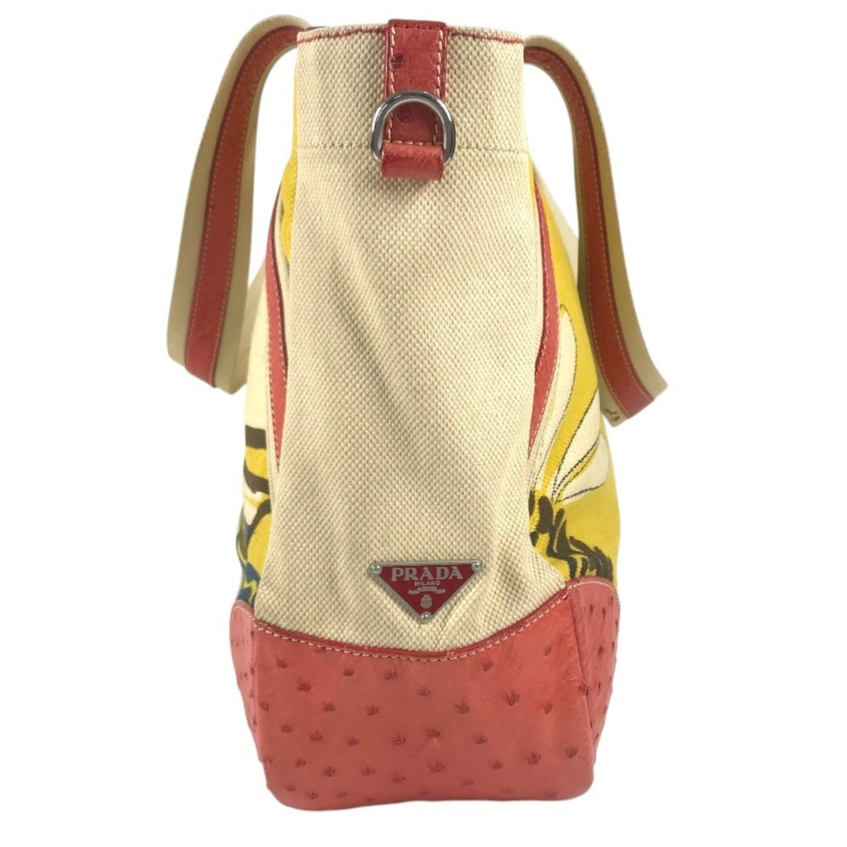 Prada Beige Red Color Yellow Leather Canvas Shoulder Bag Tote Bag (Pre-Owned)