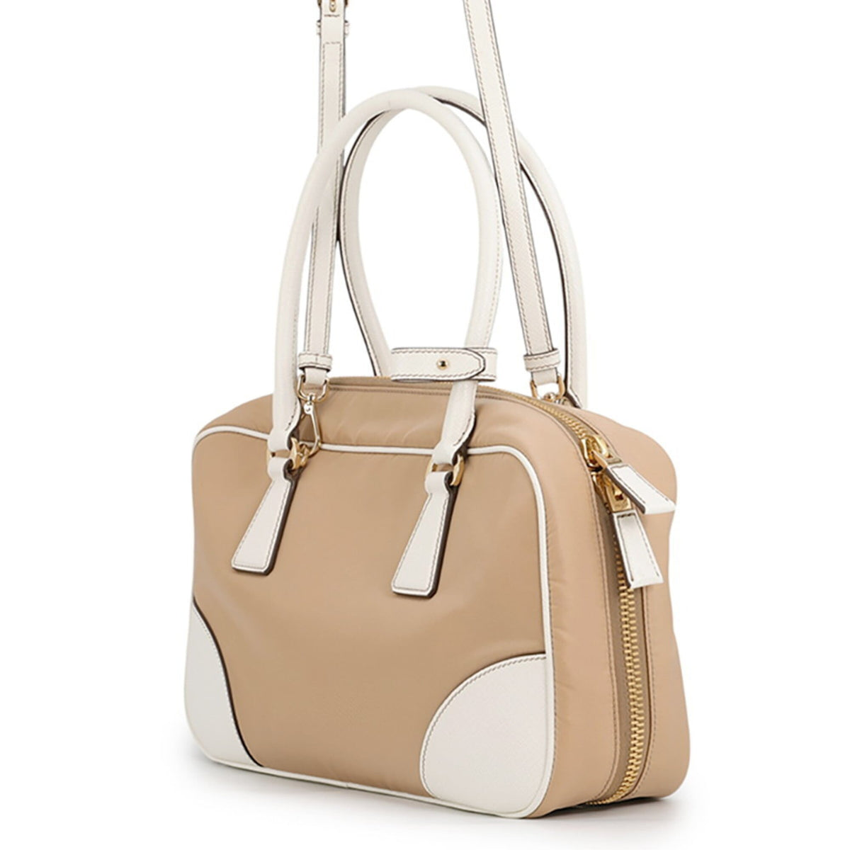 Prada Beige White Nylon Leather Handbag Shoulder Bag (Pre-Owned)