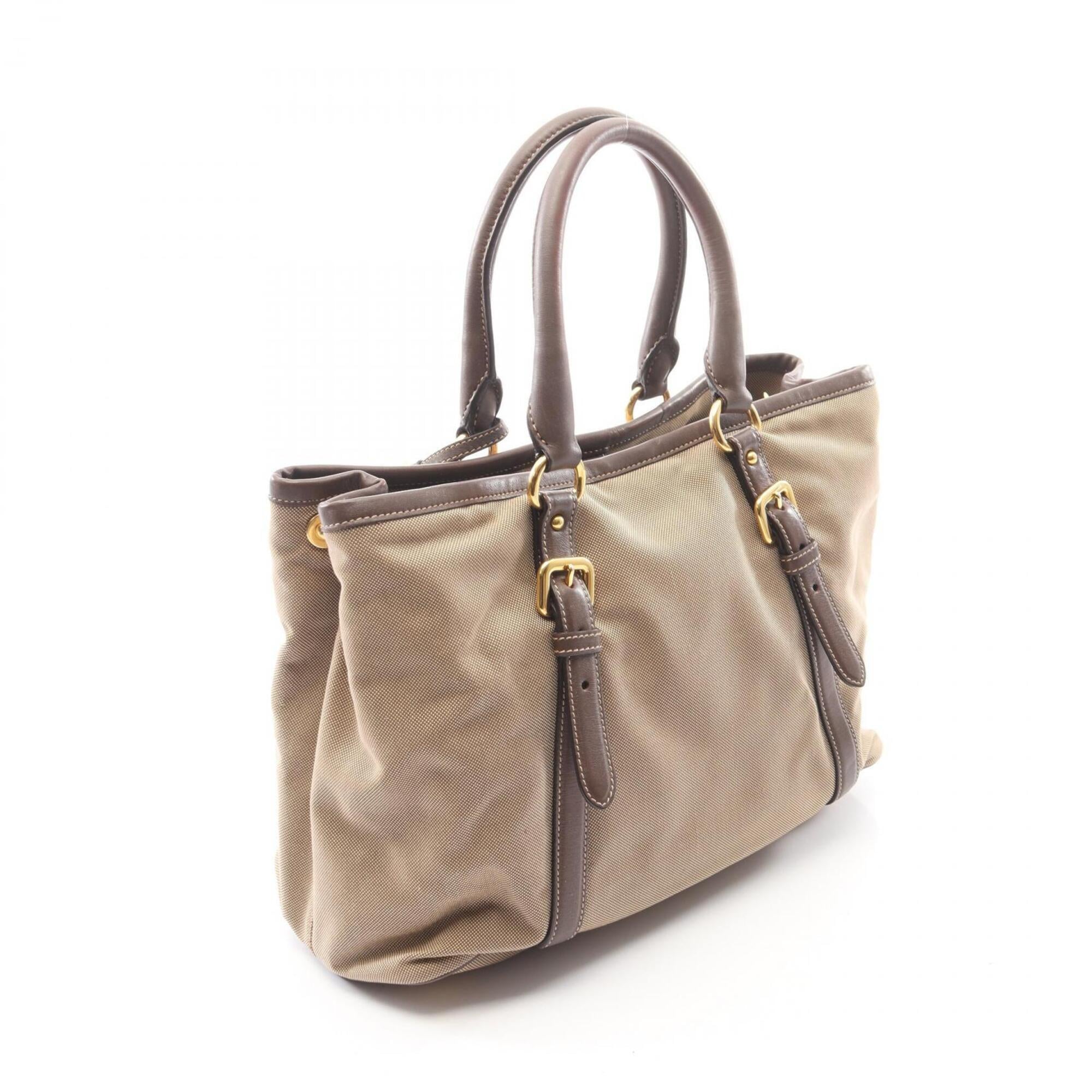 Prada Beige Brown Canvas Leather Handbag (Pre-Owned)