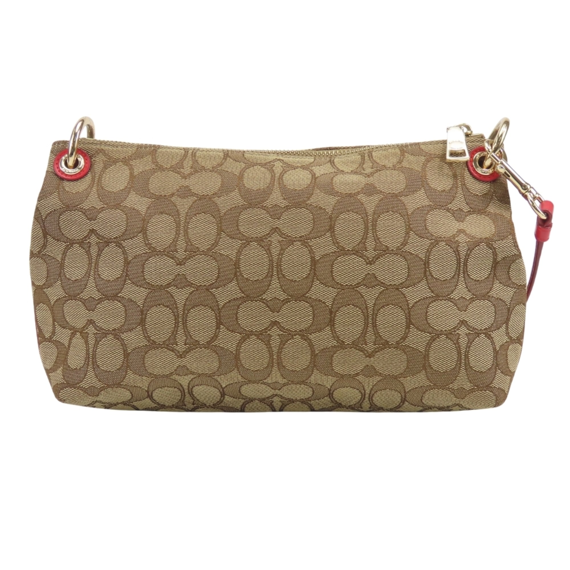 Coach Signature Beige Red Color Canvas Leather Shoulder Bag (Pre-Owned)