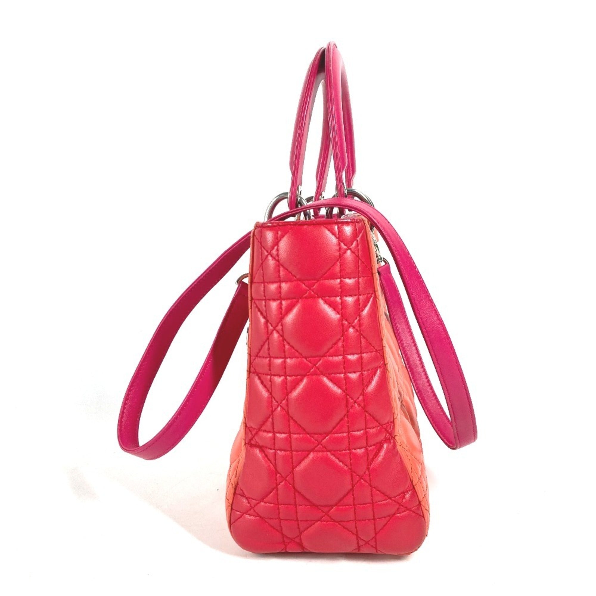 Christian Dior Lady Dior Orange Pink Red Color Leather Handbag Shoulder Bag Tote Bag (Pre-Owned)