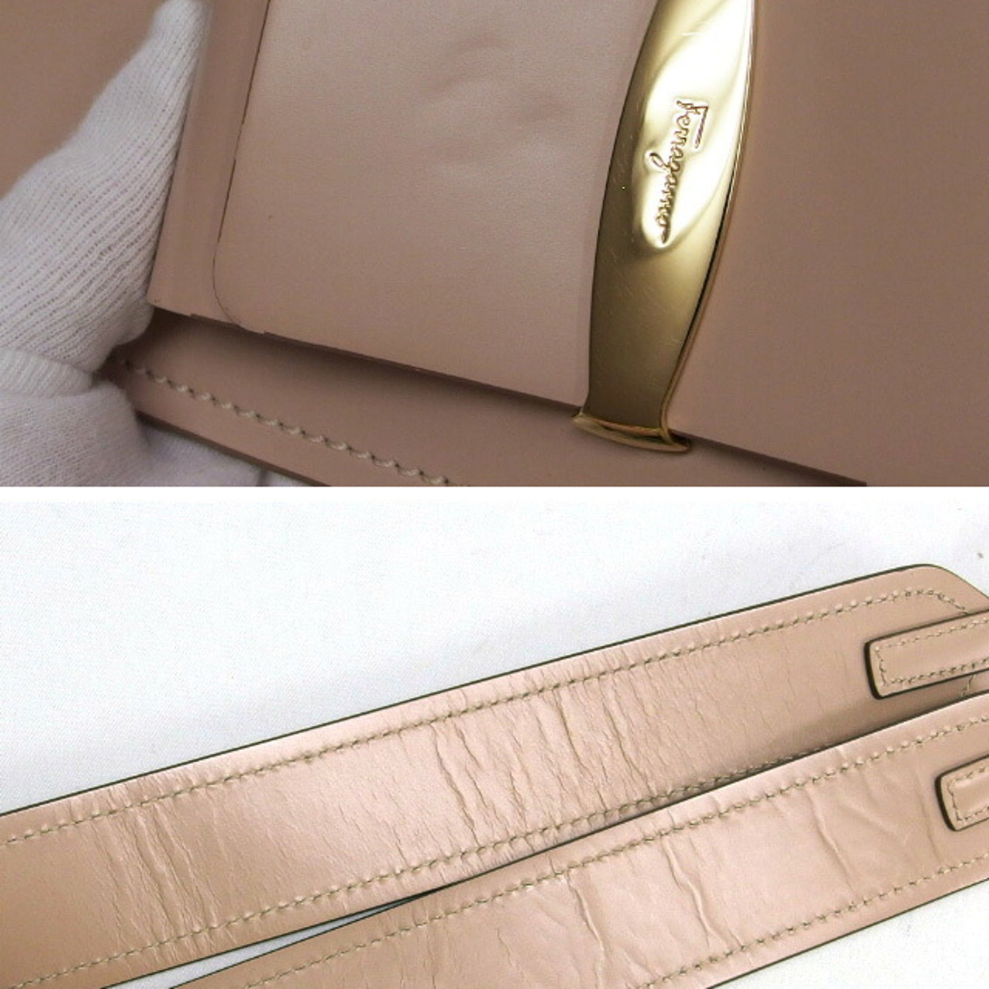Salvatore Ferragamo Pink Beige Leather Clutch Bag Shoulder Bag (Pre-Owned)