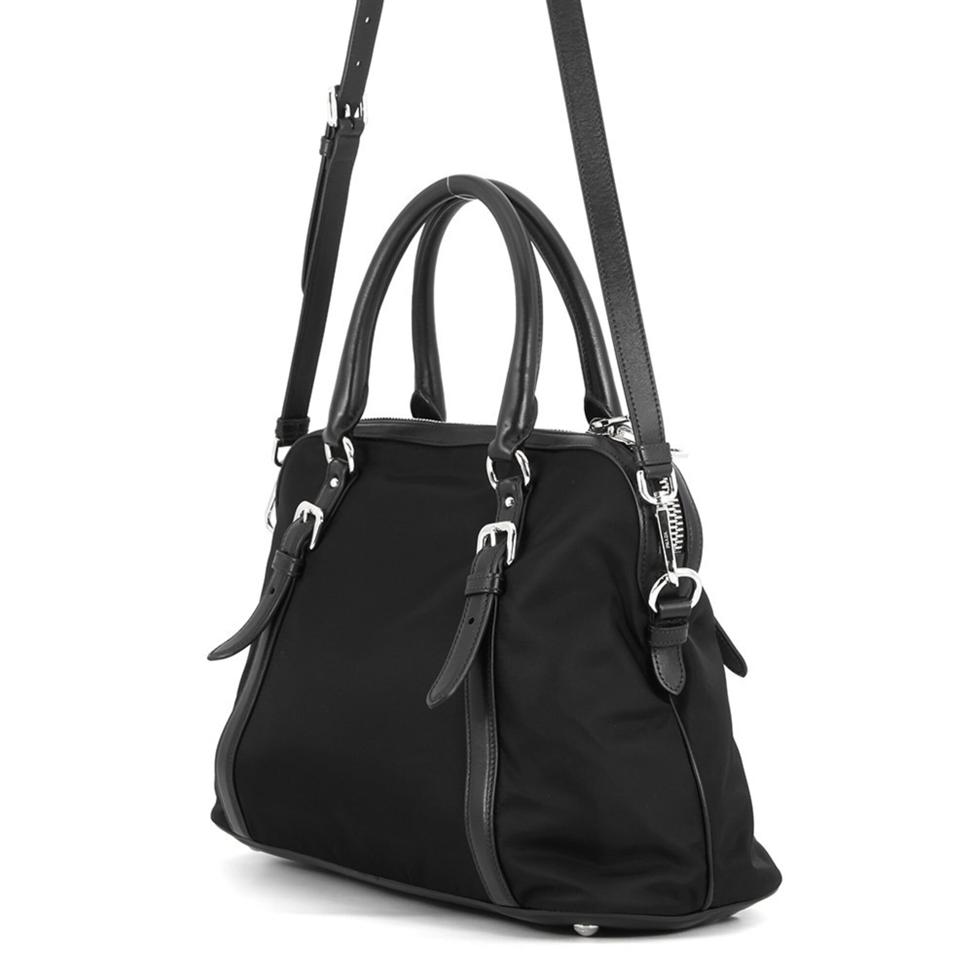 Prada Black Nylon Leather Handbag Shoulder Bag (Pre-Owned)