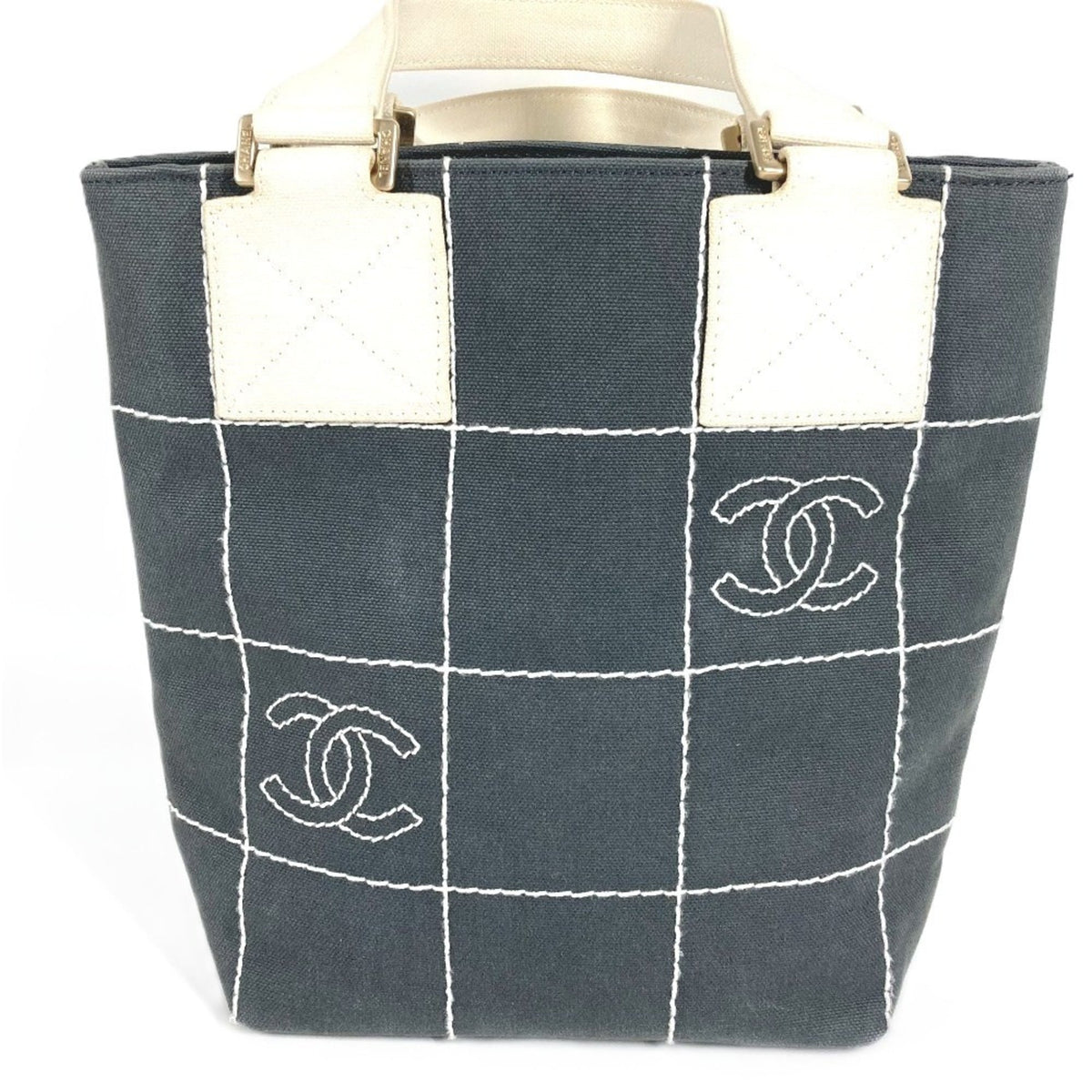 Chanel Gray White Canvas Handbag Tote Bag (Pre-Owned)