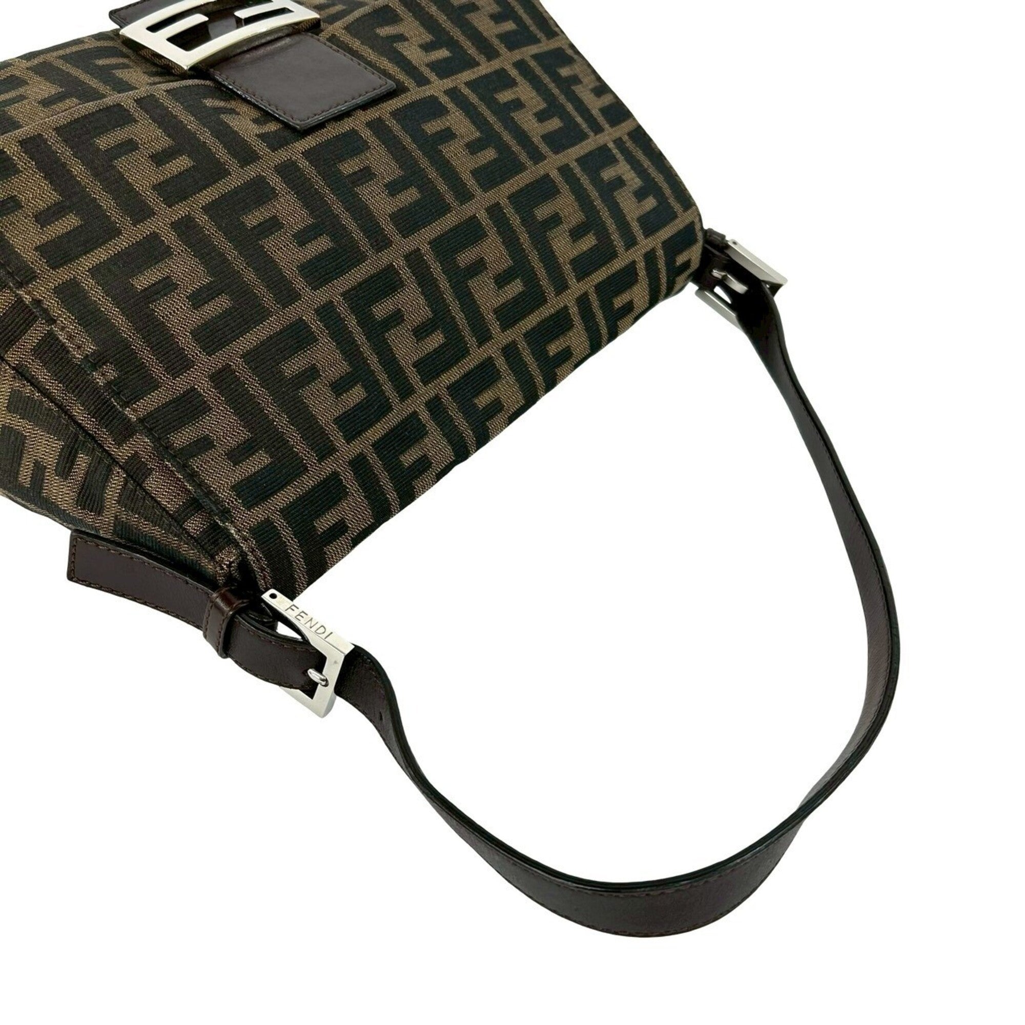 Fendi Black Brown Khaki Canvas Leather Handbag Shoulder Bag (Pre-Owned)