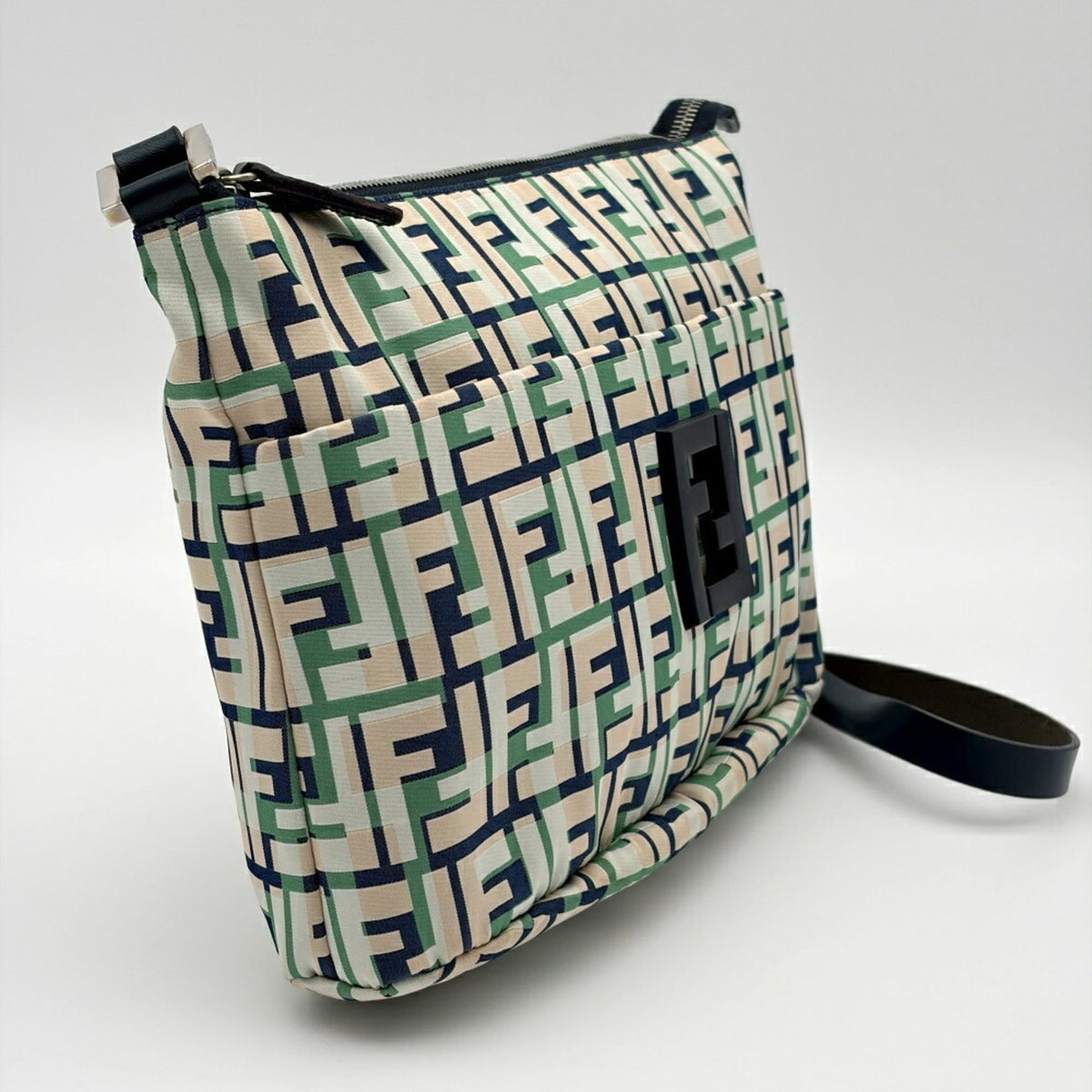 Fendi Beige Green Ivory Navy Zucca Nylon Canvas Leather Shoulder Bag (Pre-Owned)