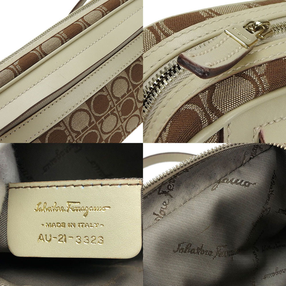 Salvatore Ferragamo Gancini Beige Brown Canvas Leather Shoulder Bag (Pre-Owned)
