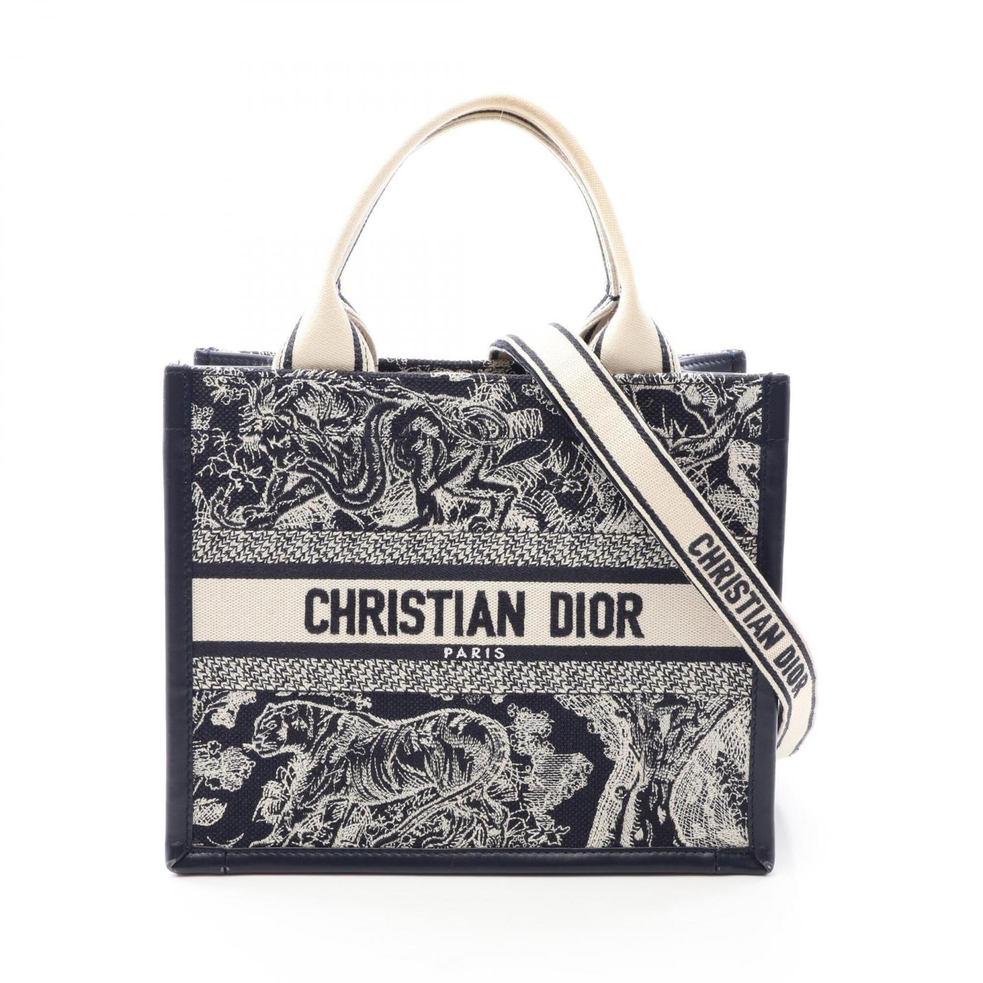 Christian Dior Ivory Navy Canvas Leather Handbag Tote Bag (Pre-Owned)