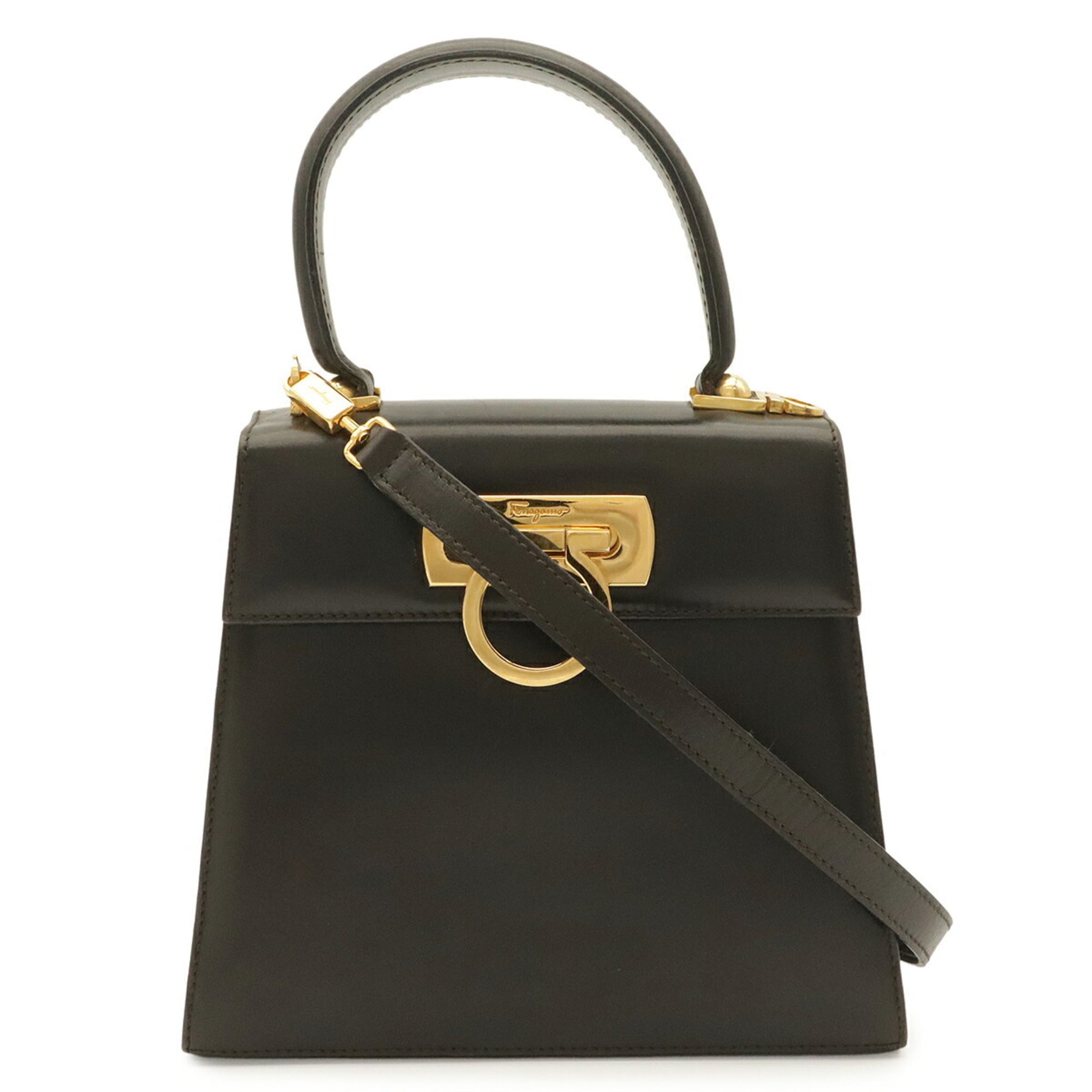 Salvatore Ferragamo Gancini Dark Brown Leather Handbag Shoulder Bag (Pre-Owned)
