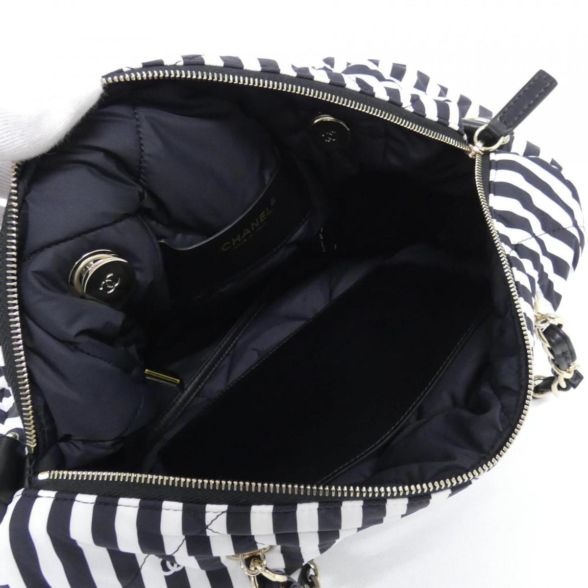 Chanel Black White Fabric Boston Bag (Pre-Owned)