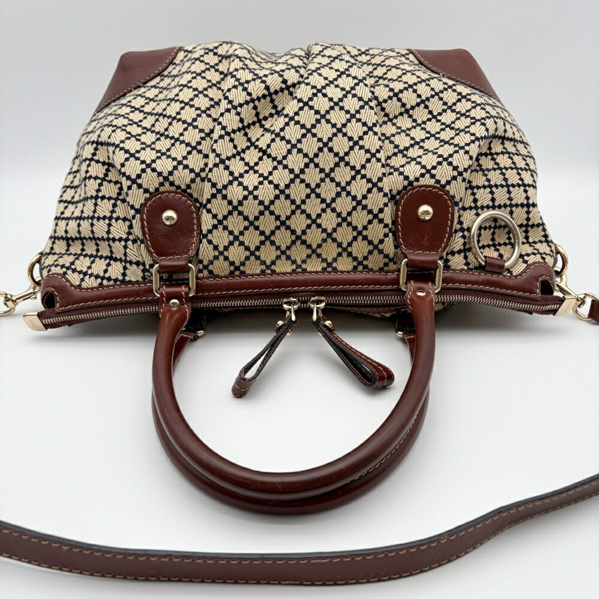 Gucci Beige Brown Canvas Leather Shoulder Bag (Pre-Owned)