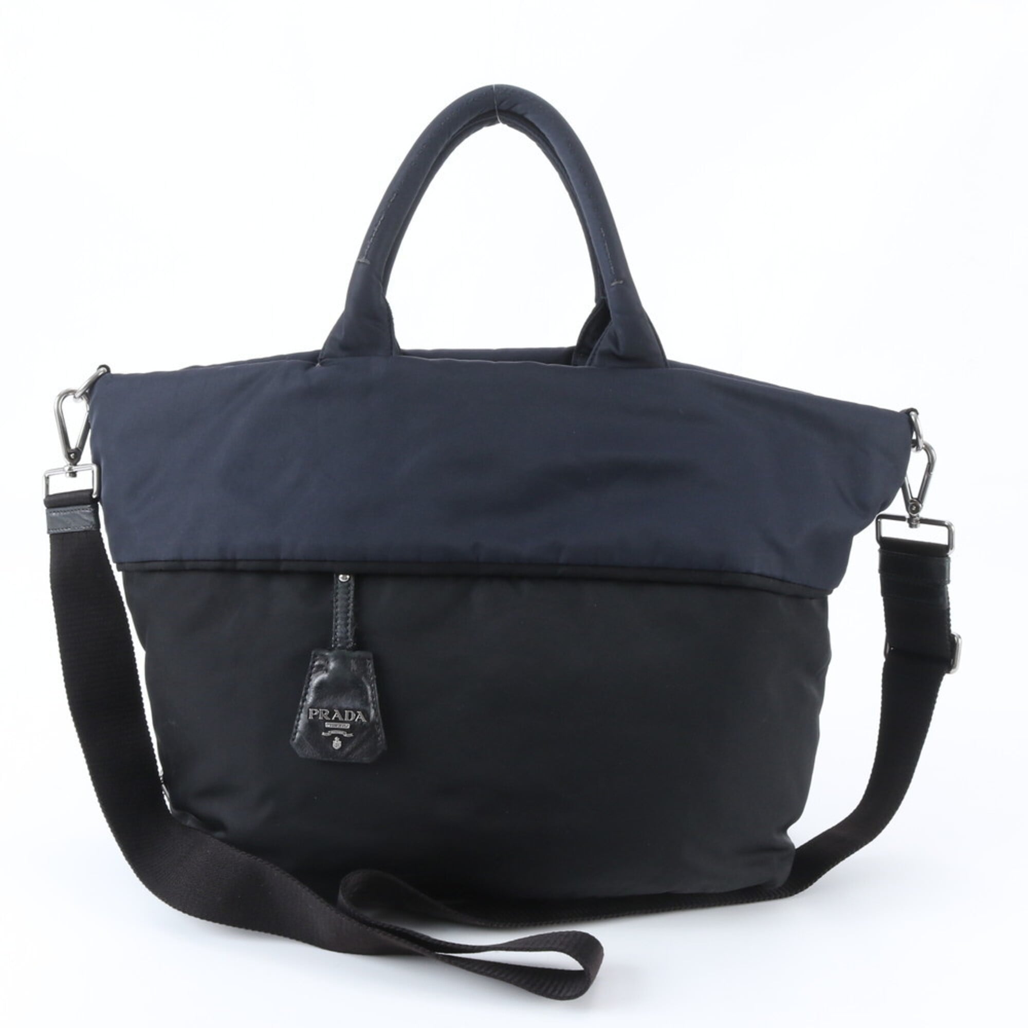 Prada Black Navy White Nylon Leather Shoulder Bag (Pre-Owned)