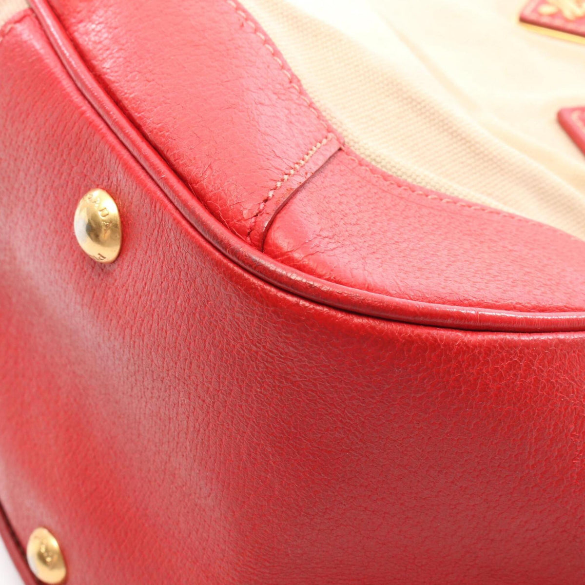 Prada Beige Red Color Canvas Leather Handbag (Pre-Owned)