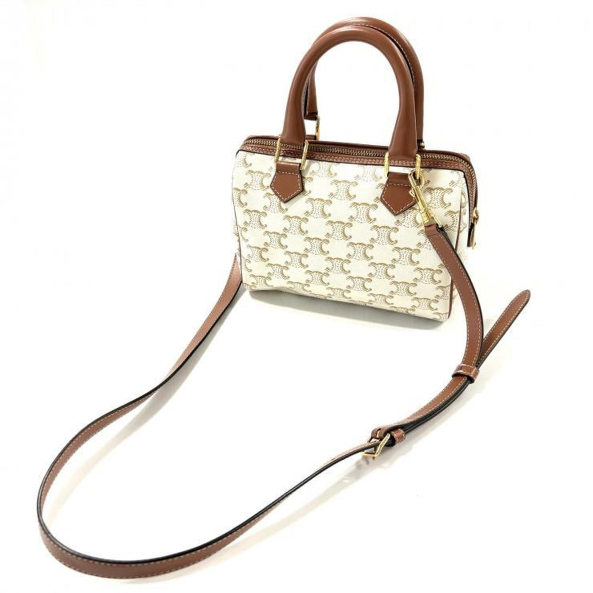 Celine Brown White Canvas Leather Handbag Shoulder Bag (Pre-Owned)