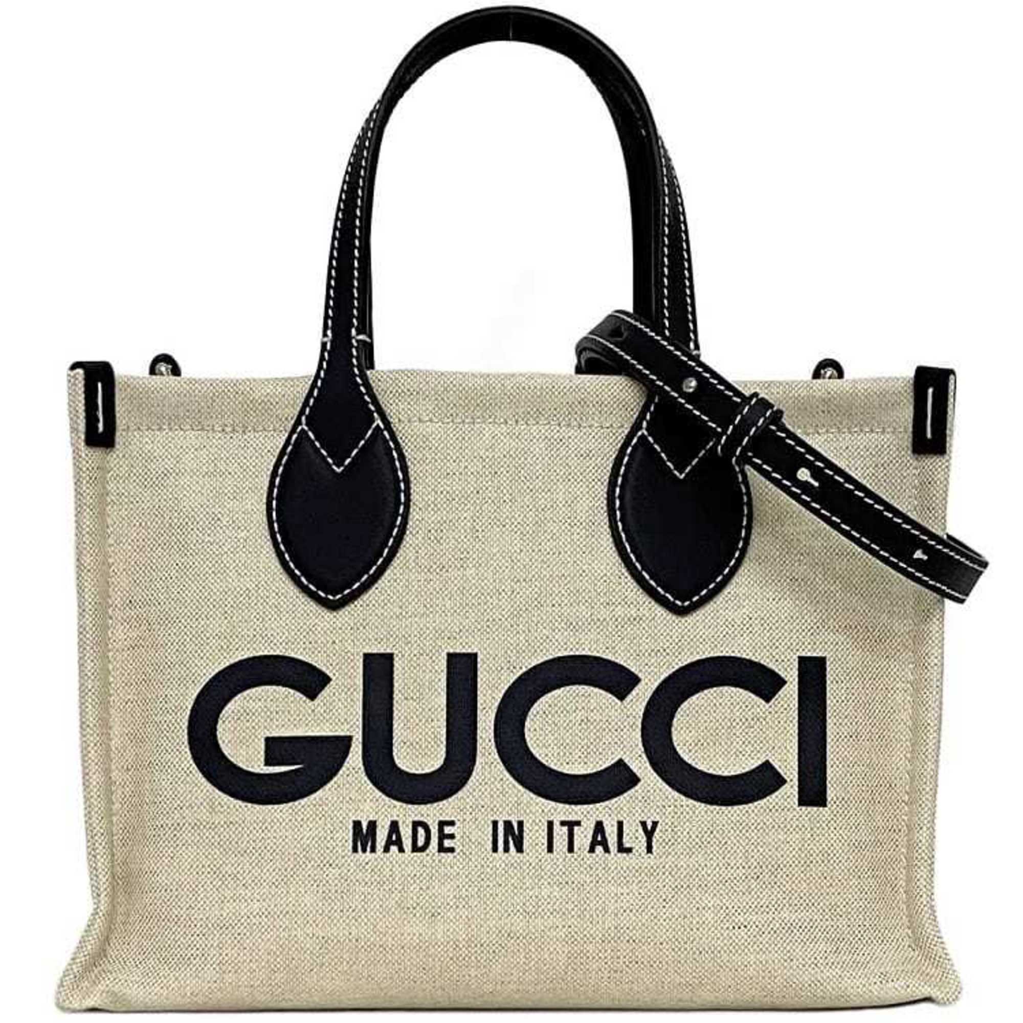 Gucci Beige Navy Canvas Leather Handbag Shoulder Bag Tote Bag (Pre-Owned)