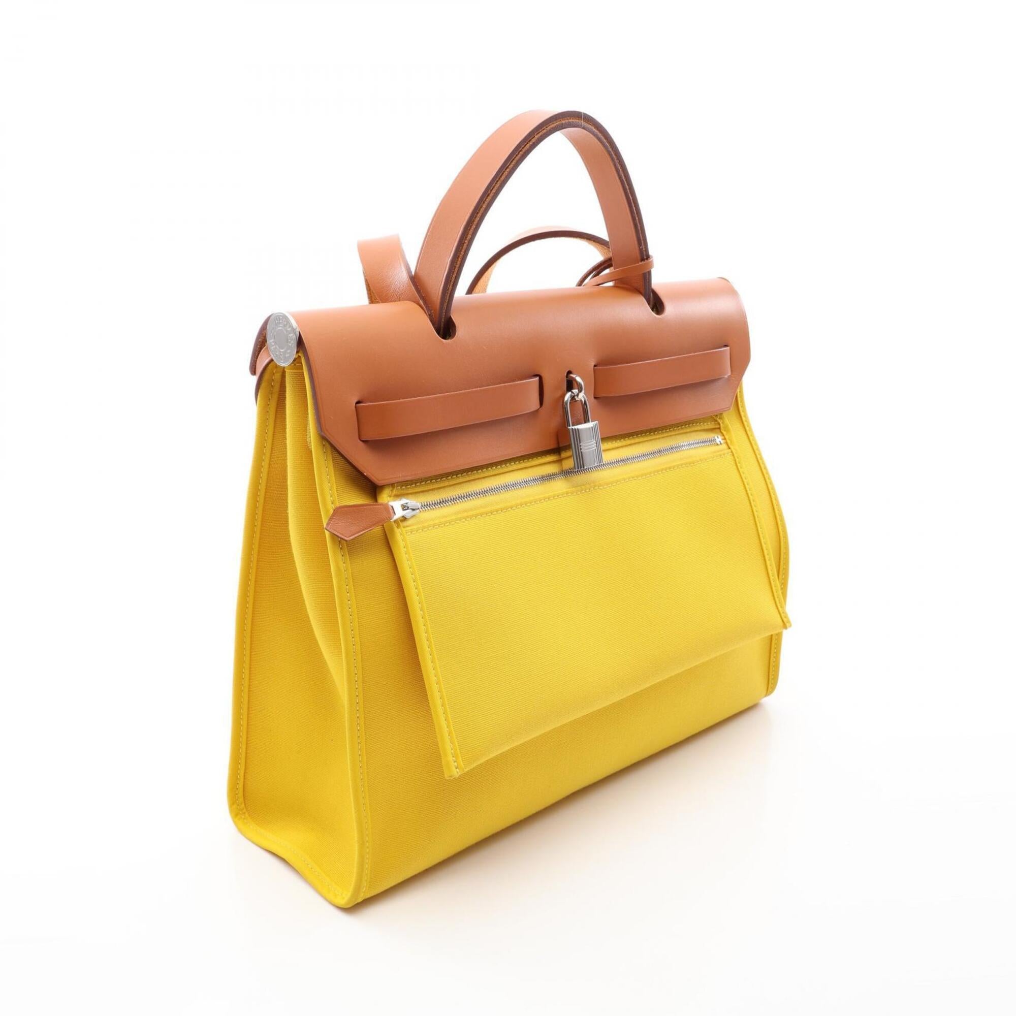 Hermes Brown Natural Yellow Canvas Leather Handbag (Pre-Owned)