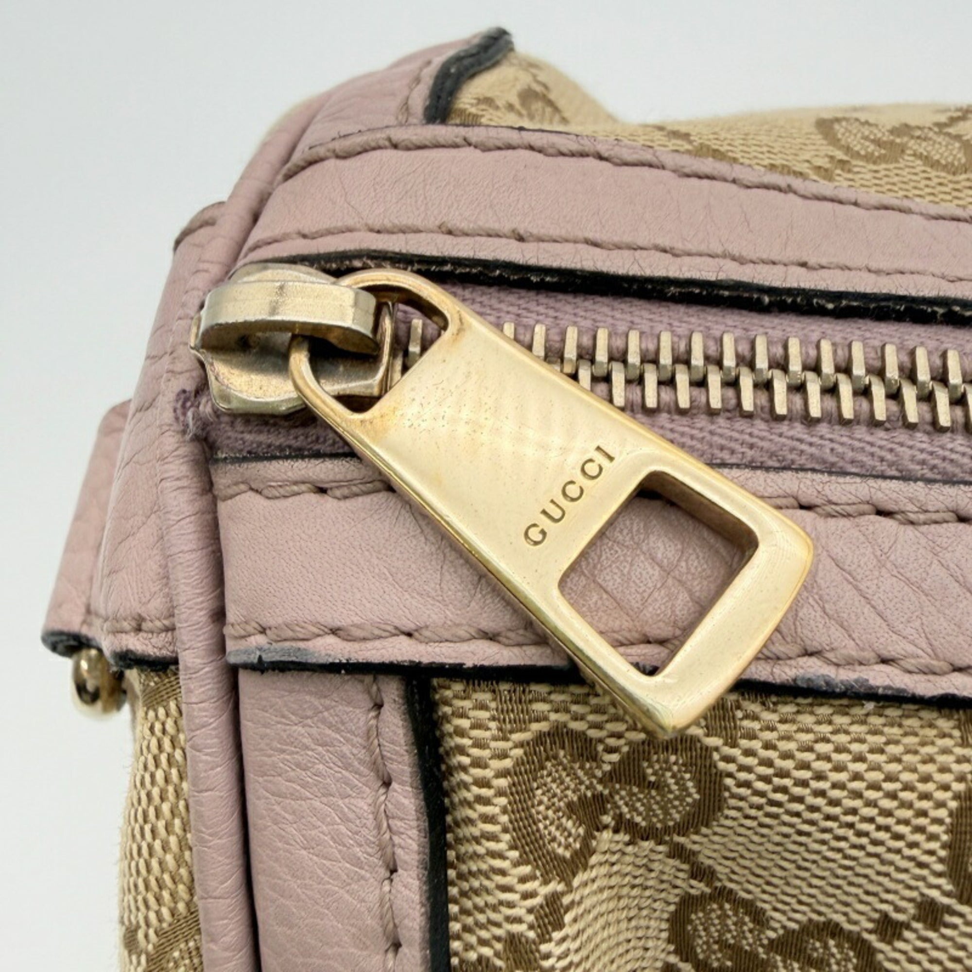 Gucci Sherry Line Beige Pink Canvas Leather Boston Bag (Pre-Owned)