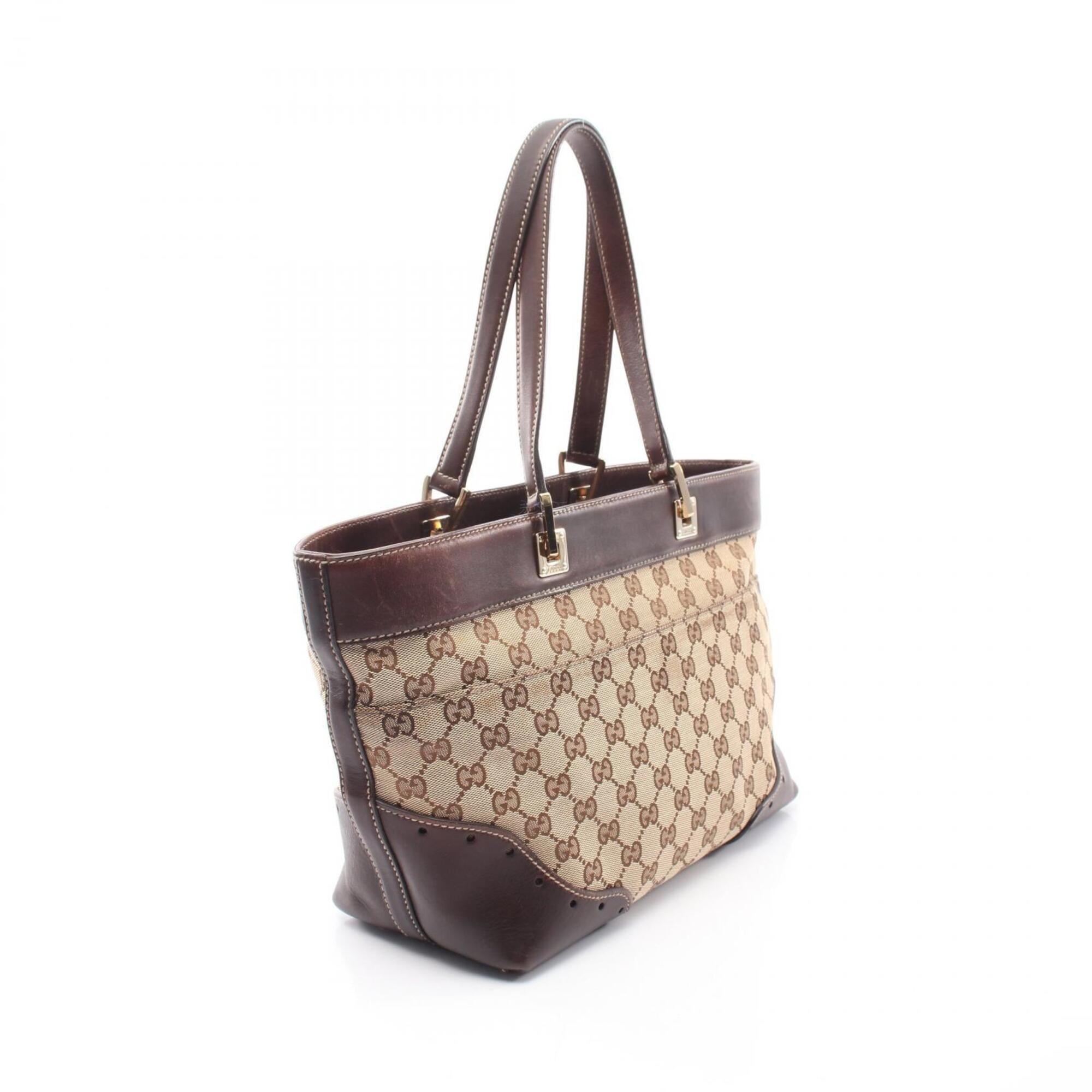 Gucci Gg Canvas Beige Brown Gg Canvas Leather Handbag Tote Bag (Pre-Owned)