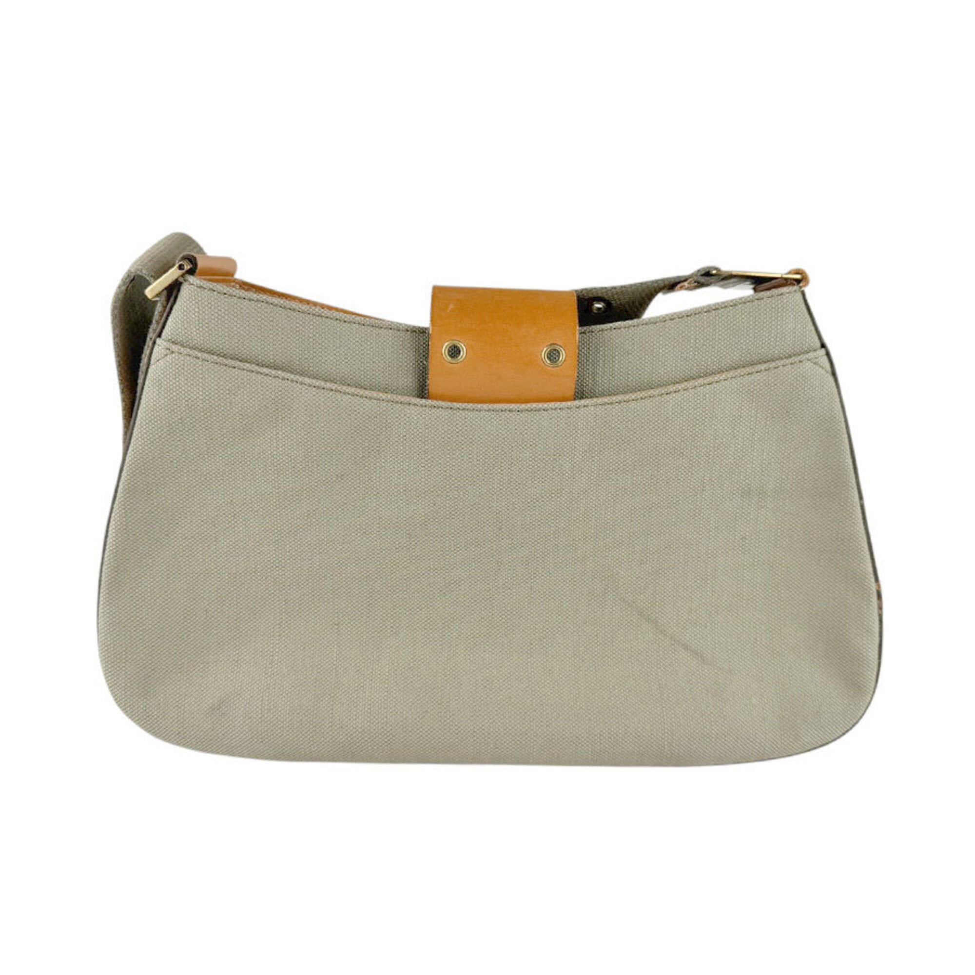 Christian Dior Brown Green Canvas Leather Shoulder Bag (Pre-Owned)