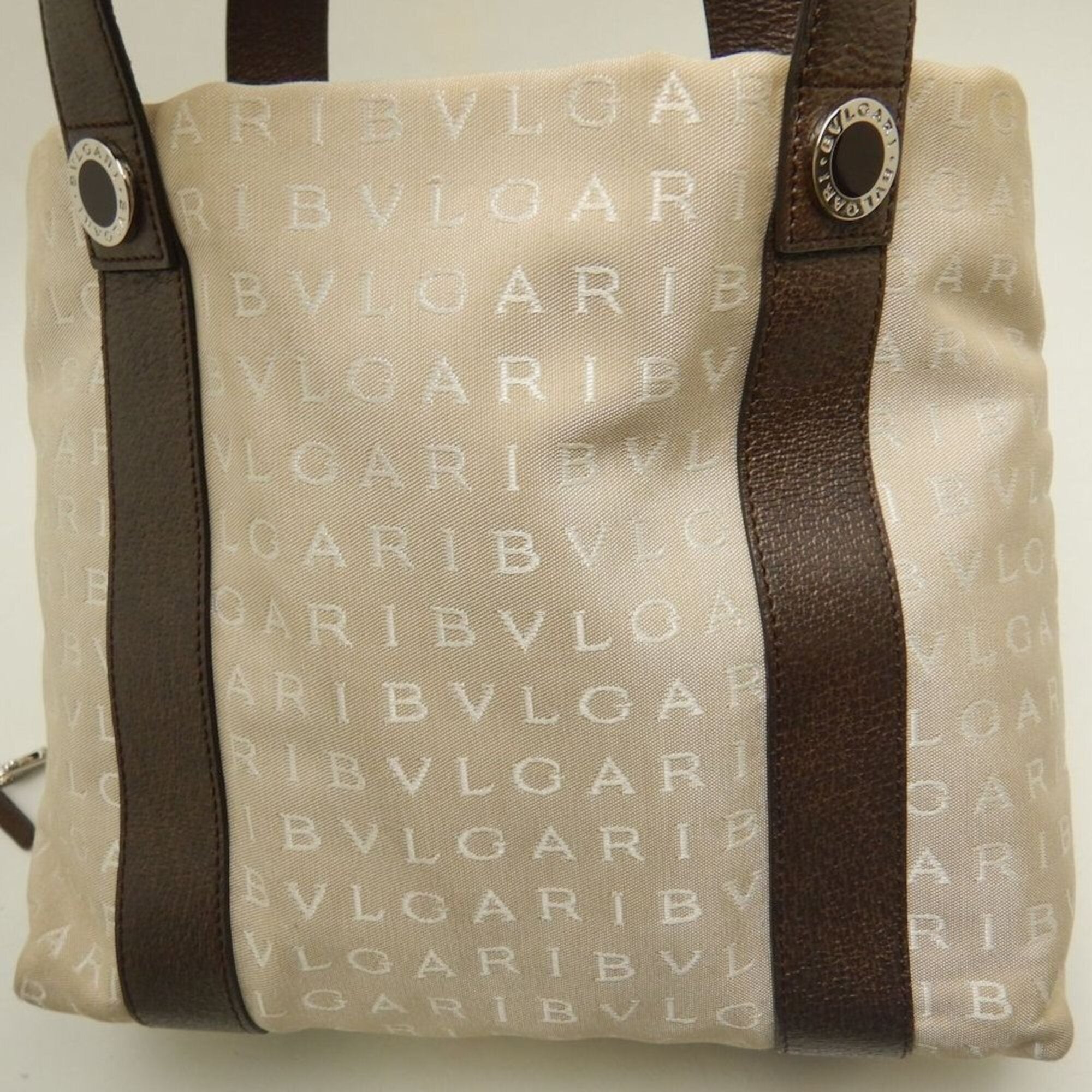 Bvlgari Logomania Beige Brown Canvas Leather Tote Bag (Pre-Owned)